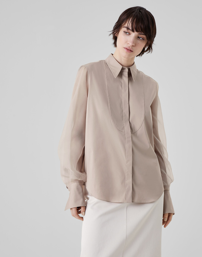 Stretch cotton poplin shirt with bib, crispy silk sleeves and shiny cuffs 1