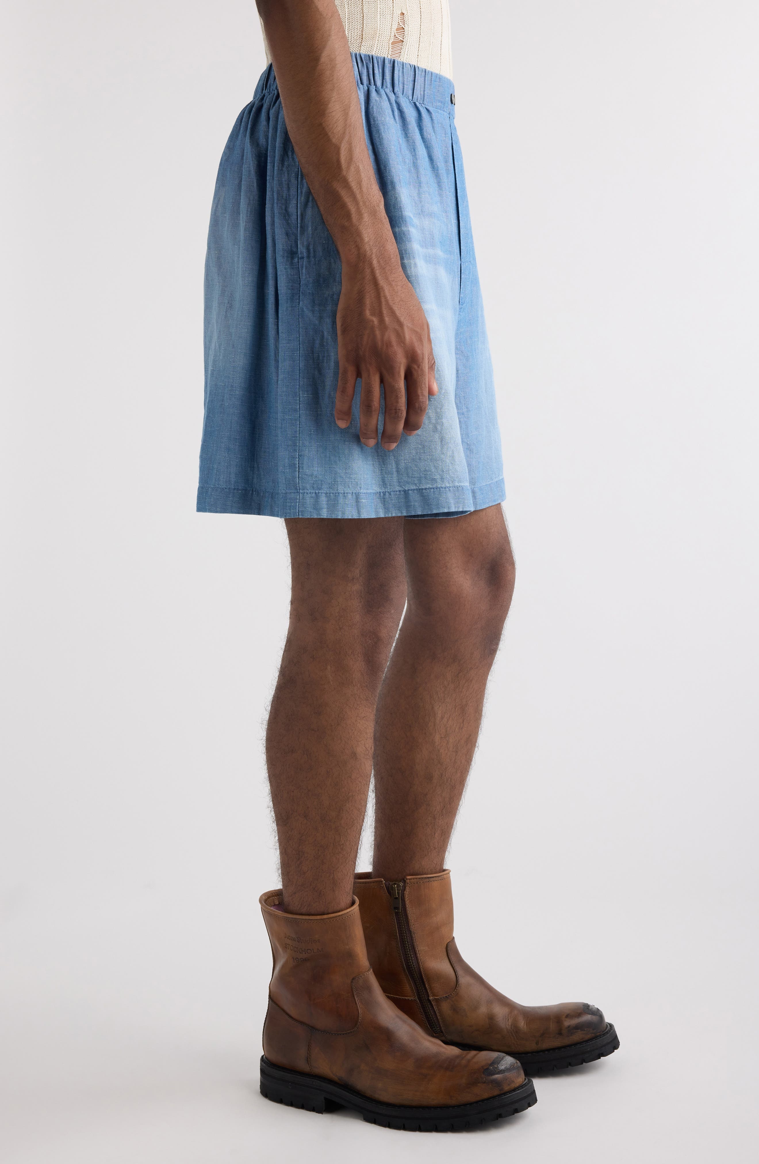 Acne Studios Oversize Cotton & Linen Chambray Shorts in Mid Blue at Nordstrom - 4