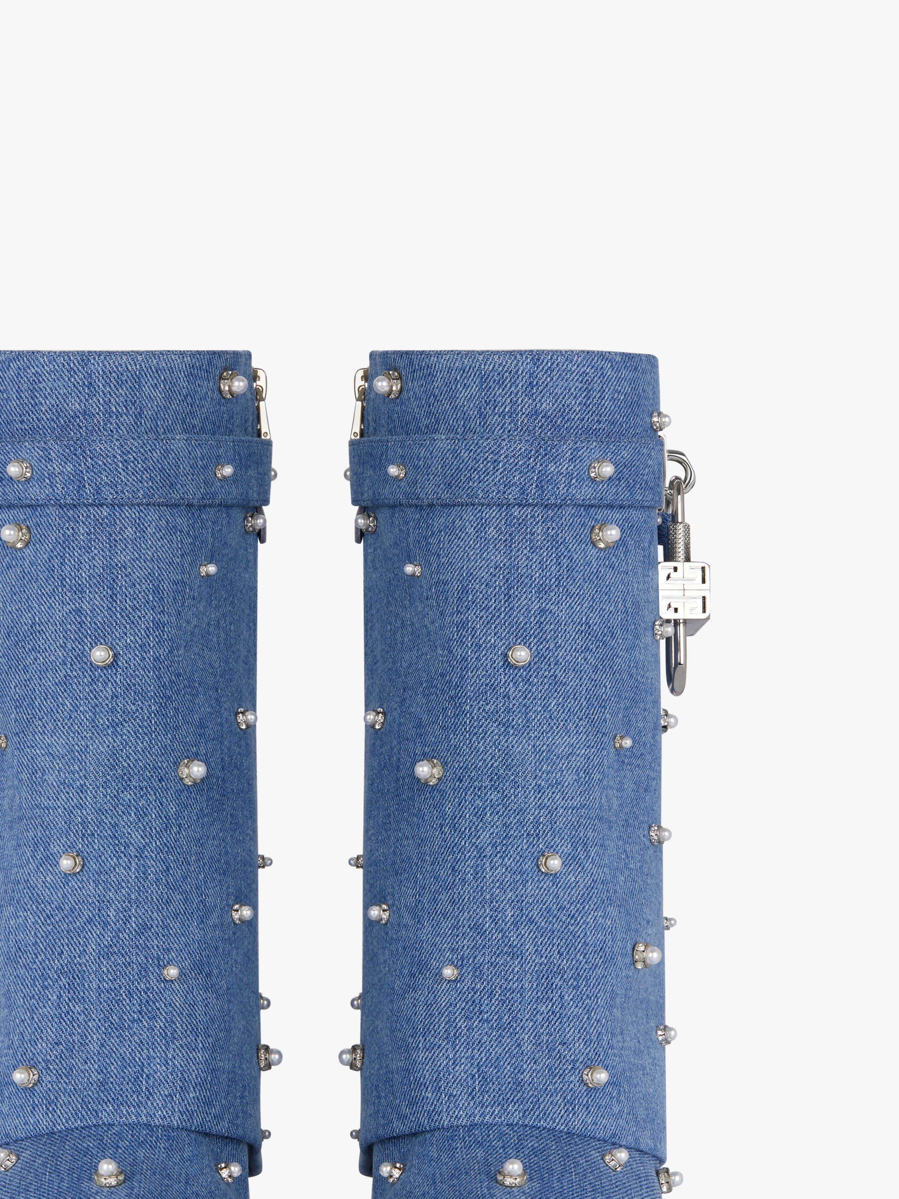 SHARK LOCK ANKLE BOOTS IN DENIM WITH PEARLS - 6