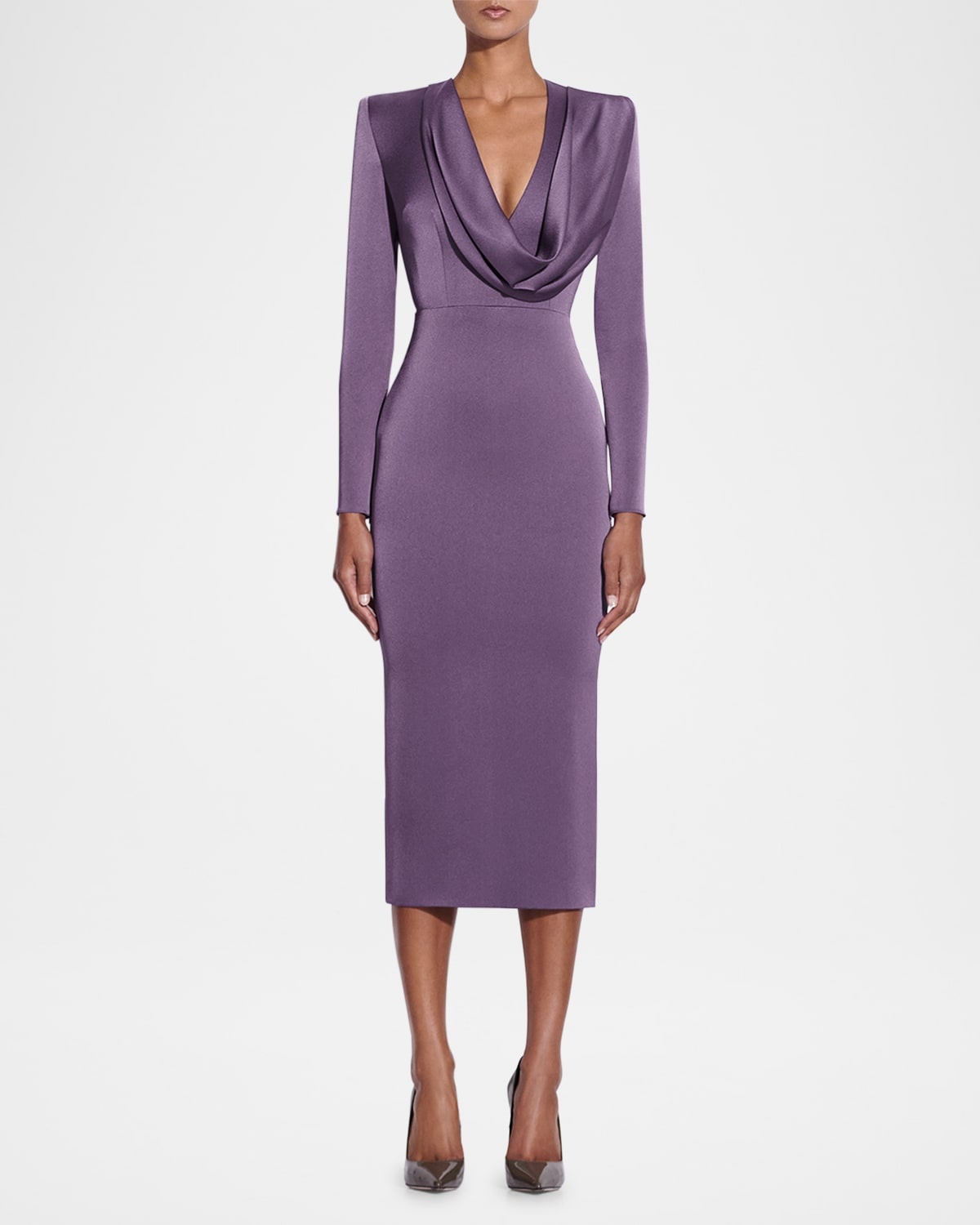 Draped Cowl-Neck Strong-Shoulder Satin Crepe Midi Dress - 2