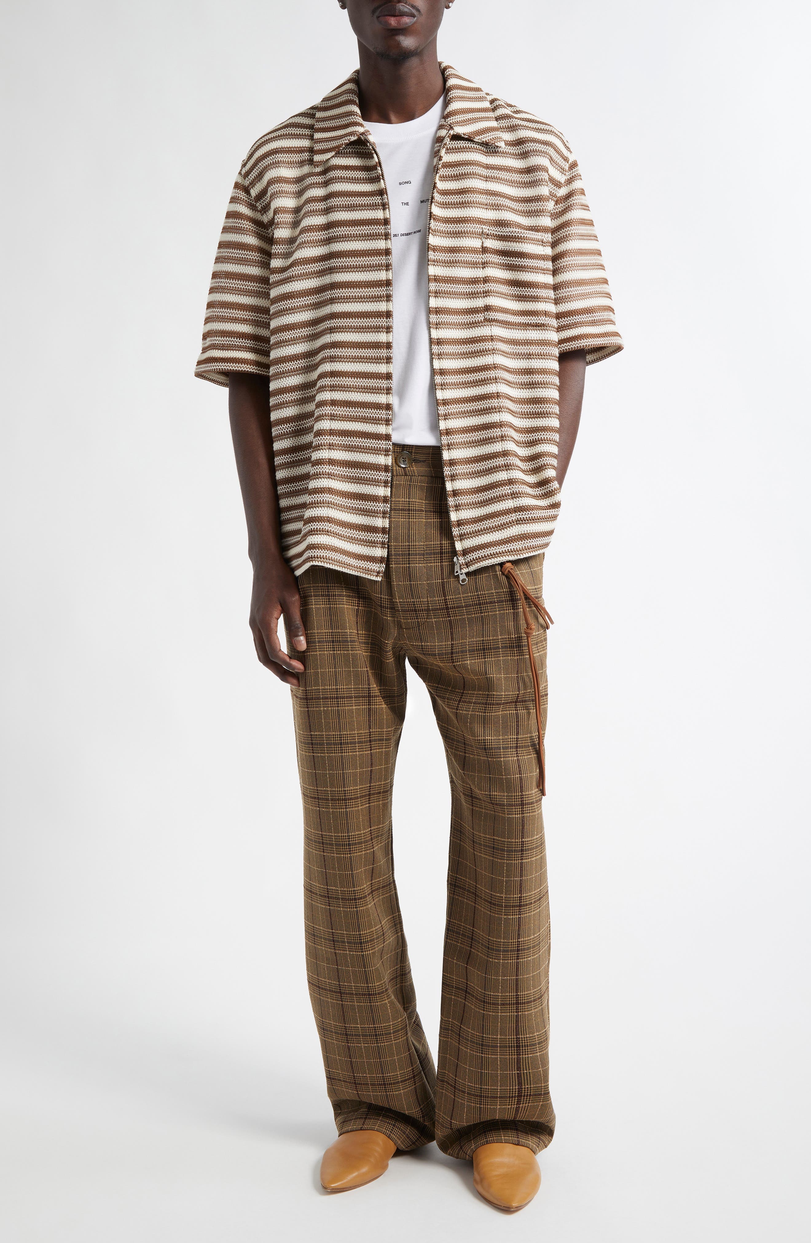 SONG FOR THE MUTE Boxy Stripe Zip Shirt in Brown /Ivory at Nordstrom - 2