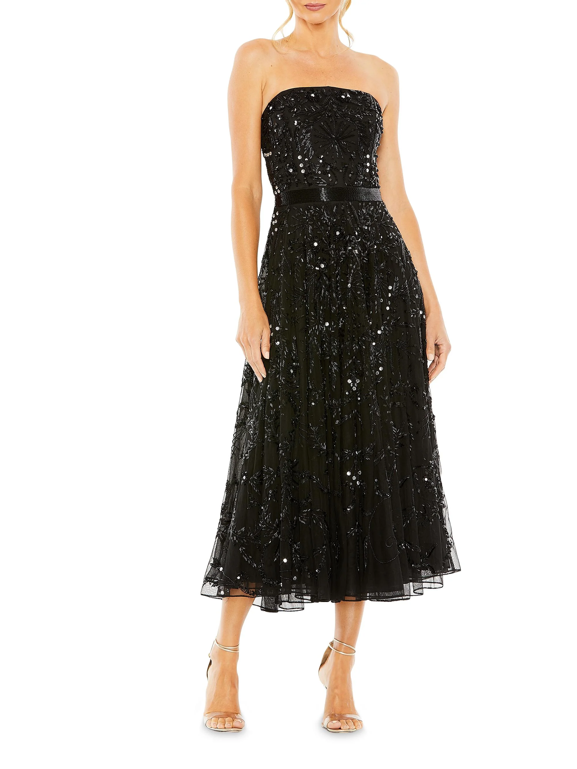 Women's Embellished Mesh Strapless Midi-Dress - Black - 1
