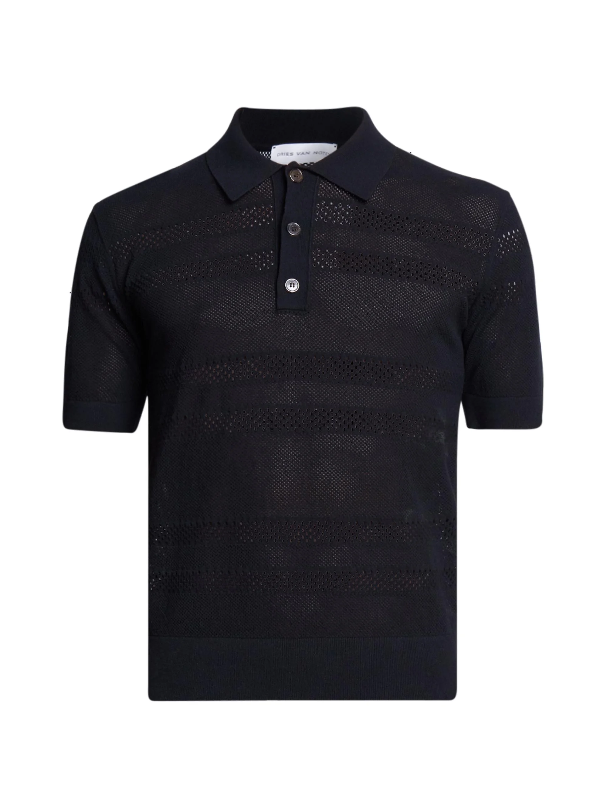 Men's Sheer Striped Loose-Knit Polo Shirt - Black - 1