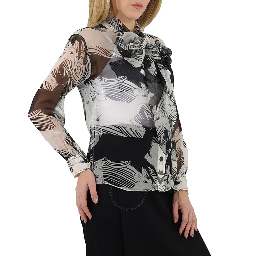 Burberry Ladies Monochrome Deer Print Silk Chiffon Pussy-bow Blouse - 4