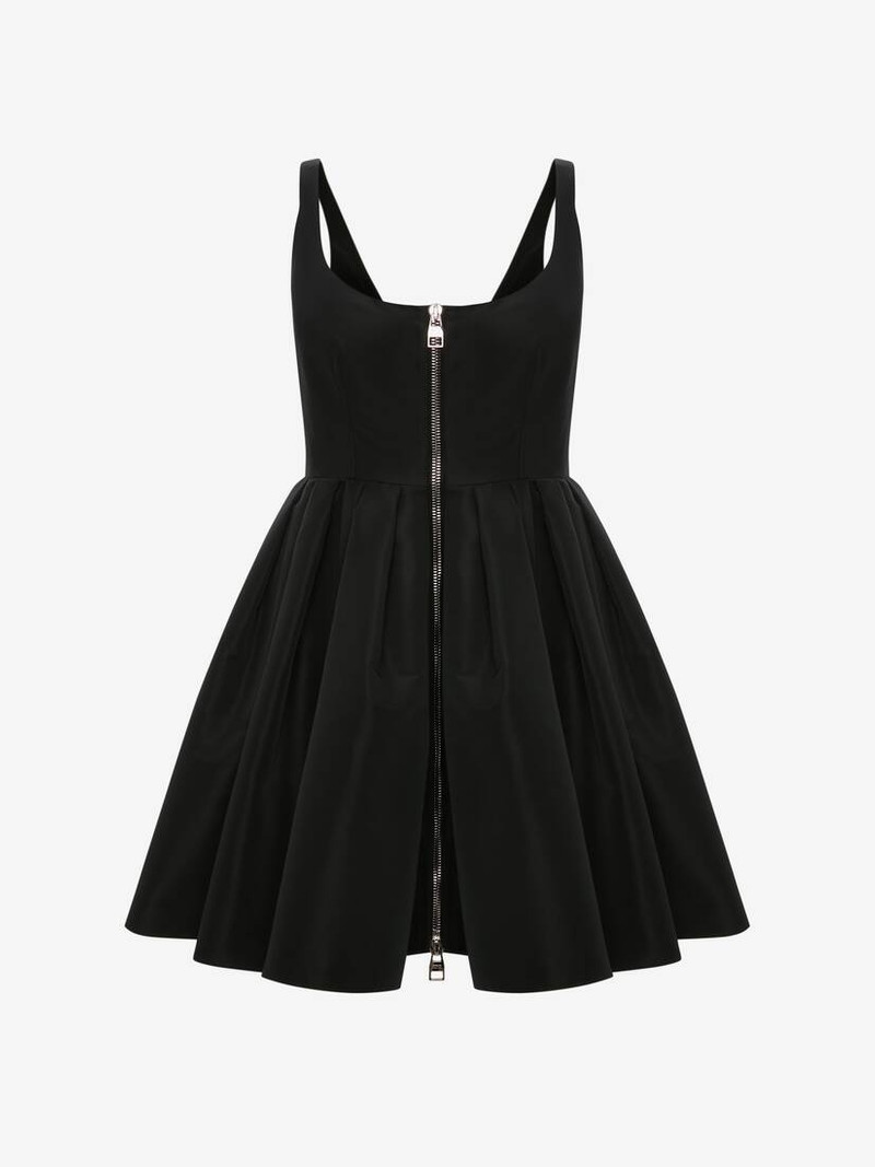 Zip Detail Polyfaille Mini Dress in Black 1