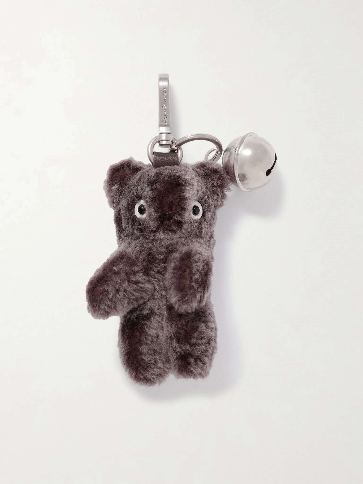 Silver-tone leather-trimmed shearling keychain Brown - 1
