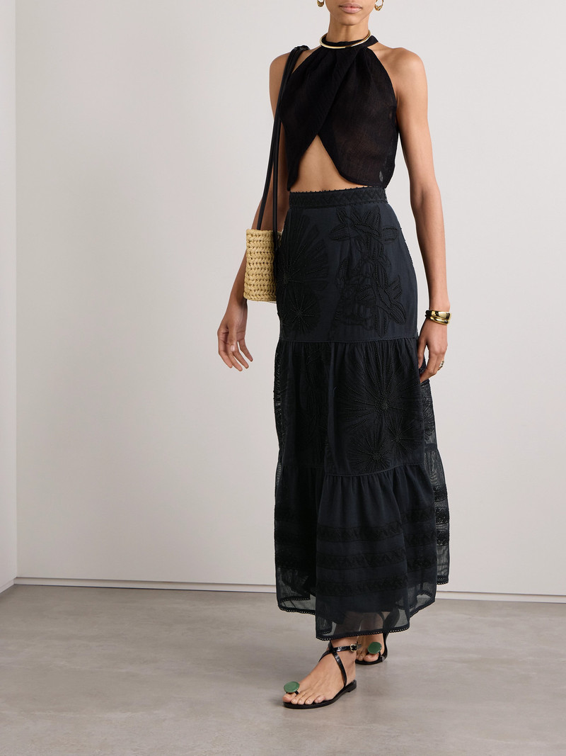 EMPORIO SIRENUSE Elda Tiered Embellished Embroidered Cotton-mesh Maxi Skirt outlook