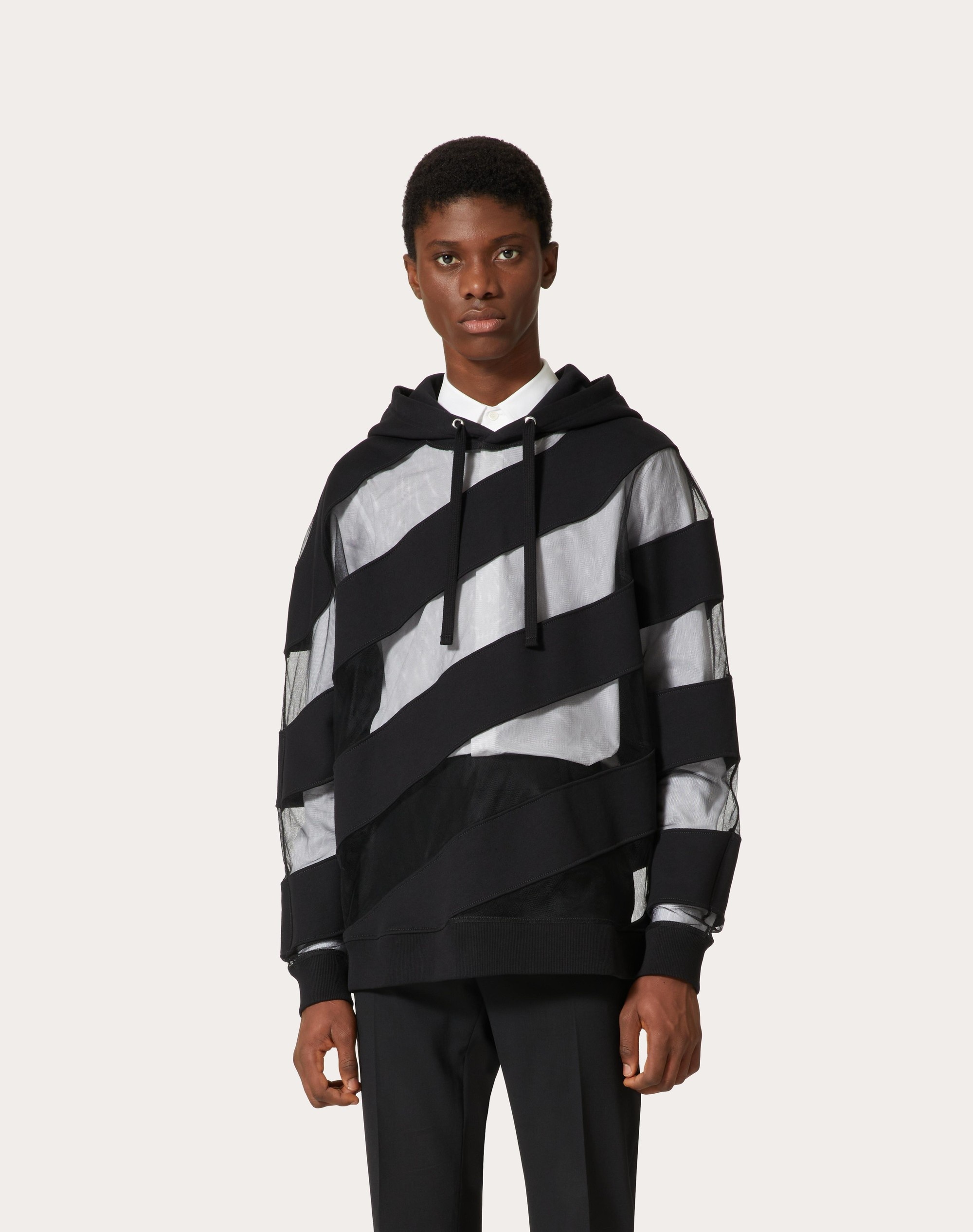 COTTON HOODED SWEATSHIRT WITH LARGE STRHYPE NYLON TULLE INSERTS - 3