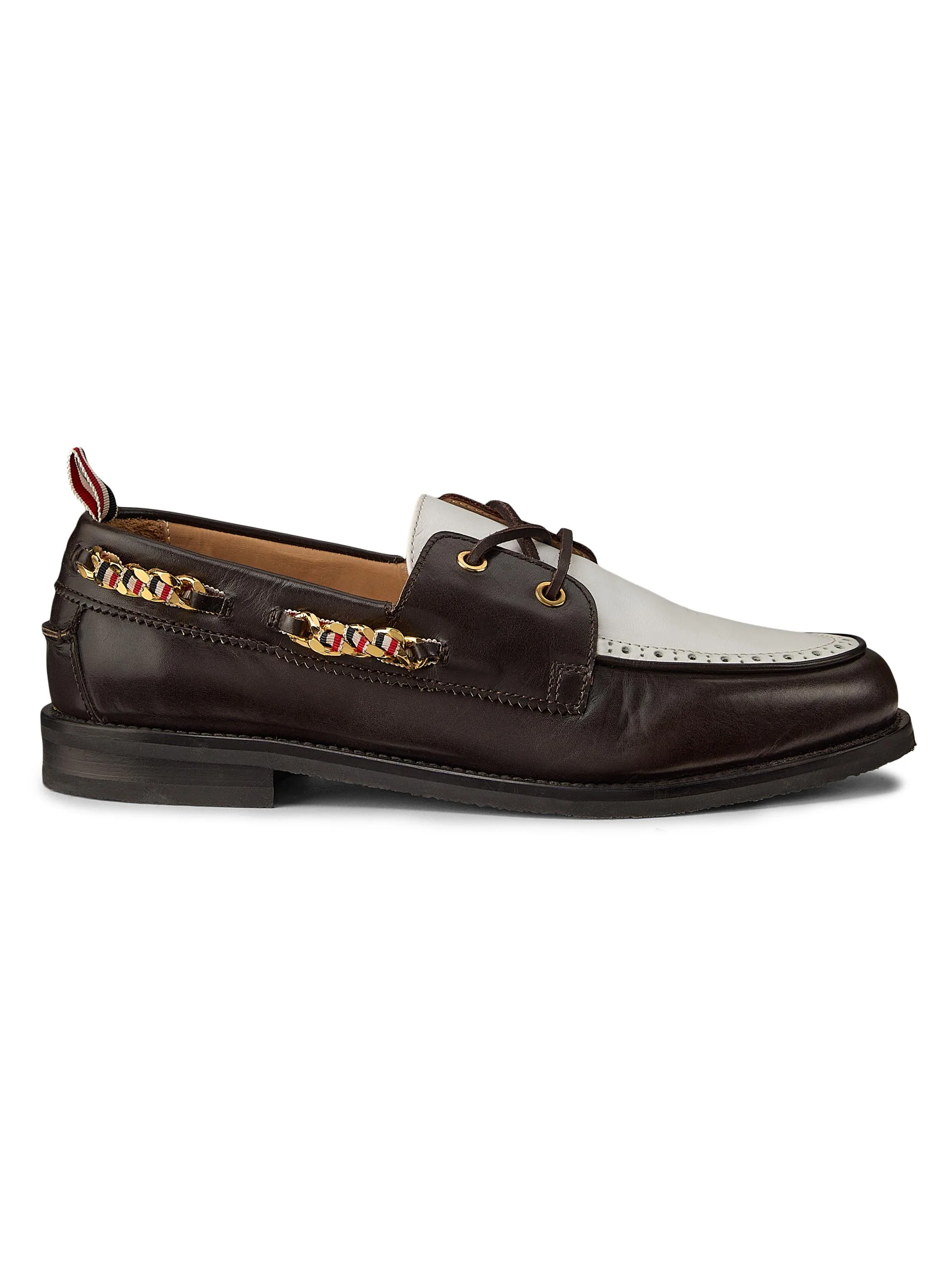 Women's Brogue Leather Boat Shoes - Brown White - 1