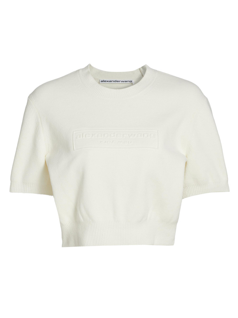 Women's Short-Sleeve Embossed Logo Sweater - Soft White 1