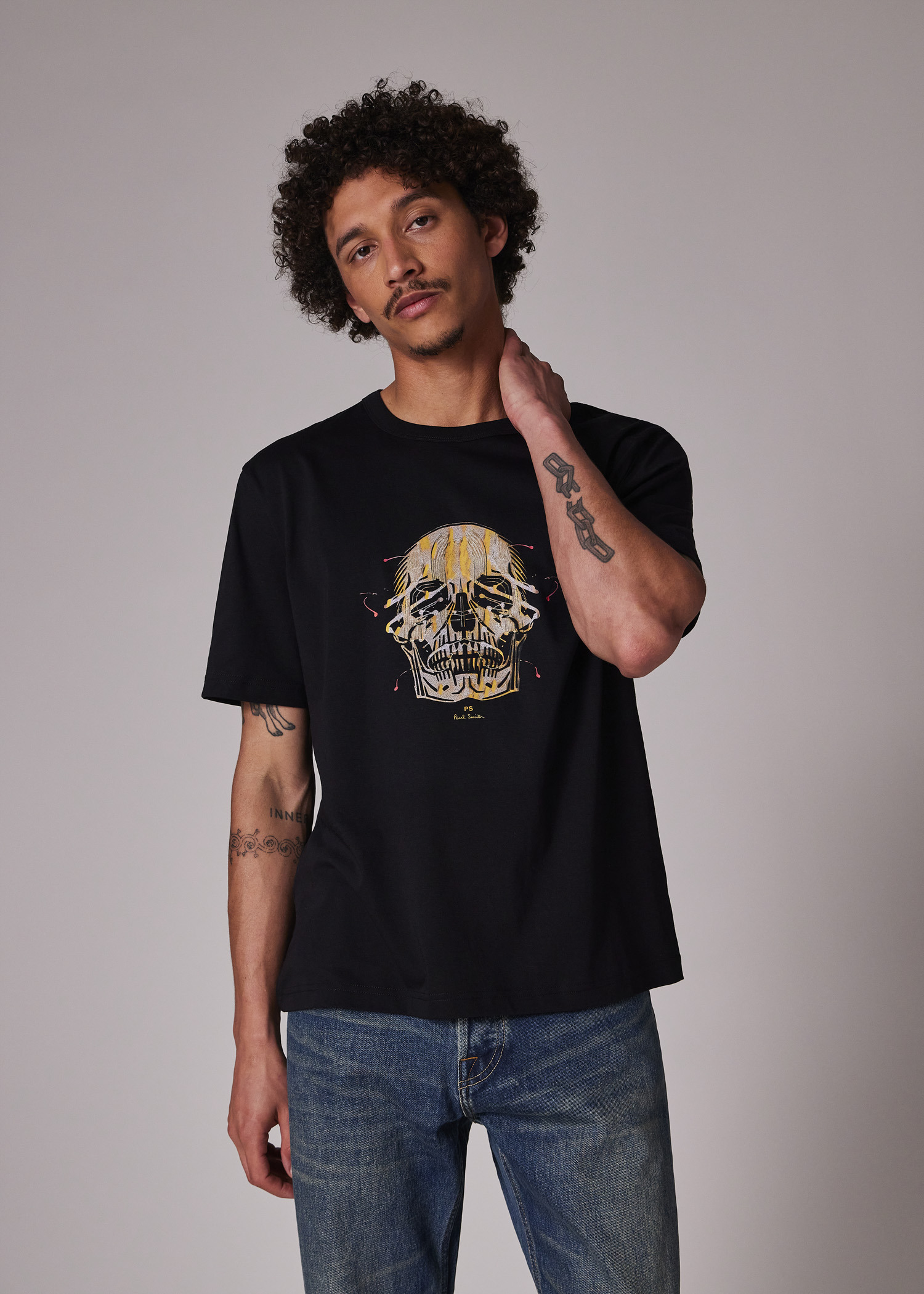 Black 'Painted Skull' Print T-Shirt - 4