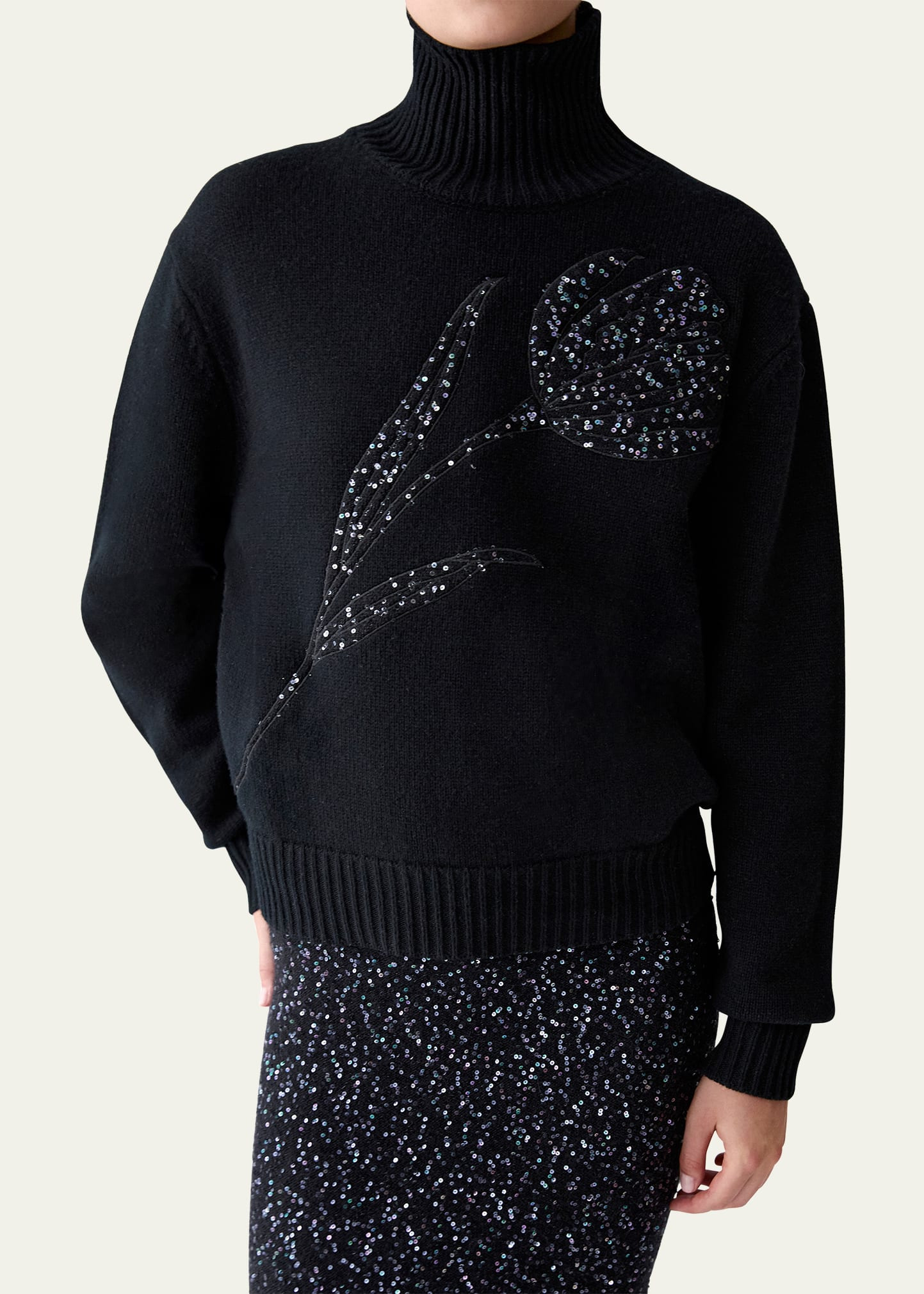 Turtleneck Paillette Rose Wool-Cashmere Sweater - 4