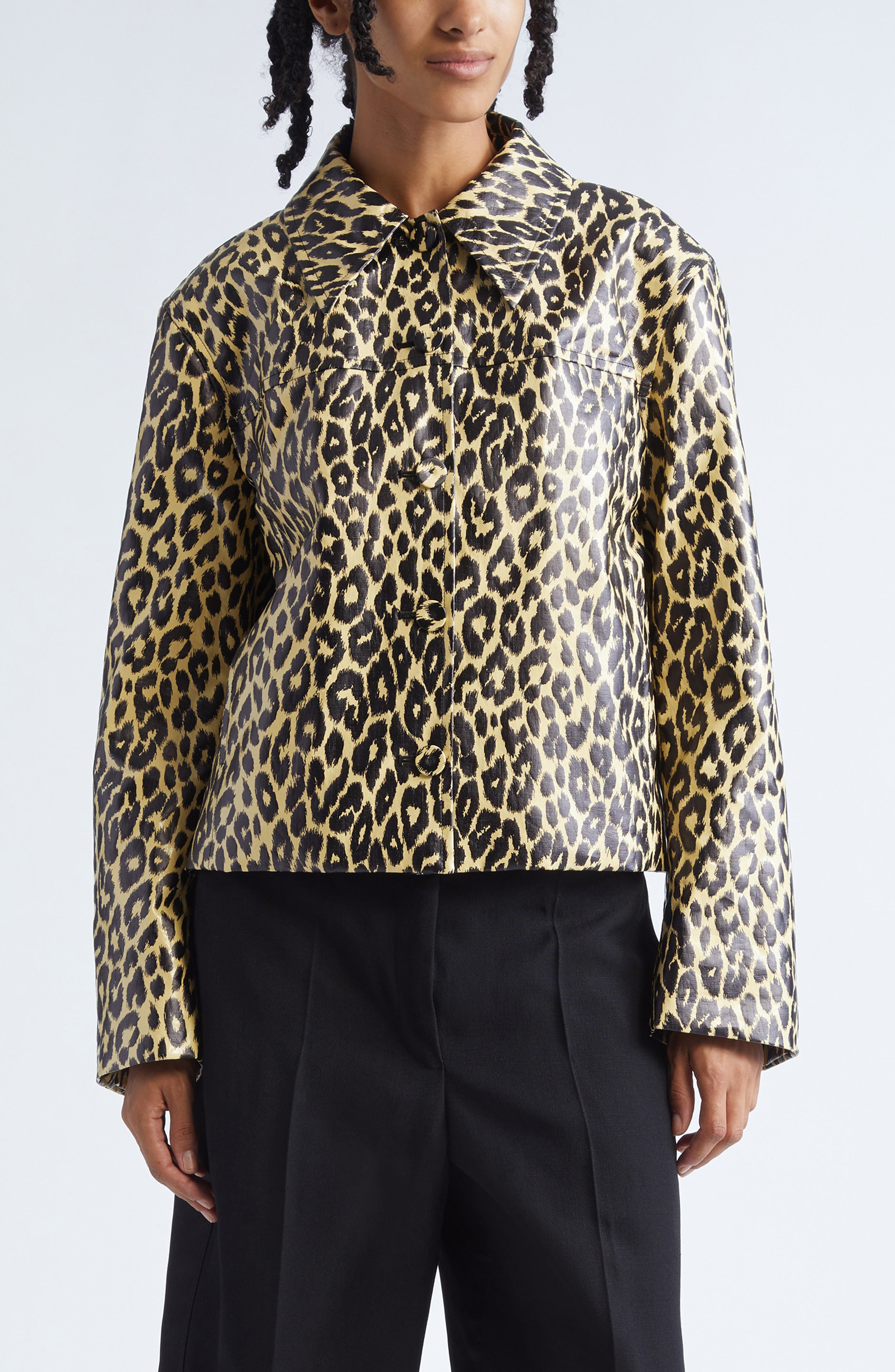 Jil Sander Leopard Print Coated Linen Crop Jacket in Canvas Beige at Nordstrom - 1