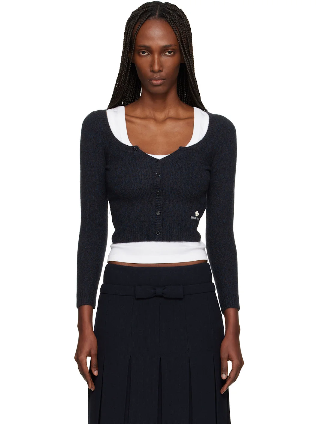 Navy Wide Round Neck Fitted Cardigan - 1