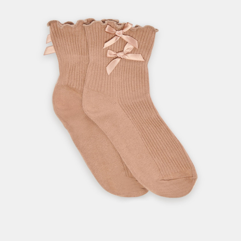 LETTUCE EDGE BOW ANKLET SOCKS MOCHA 1