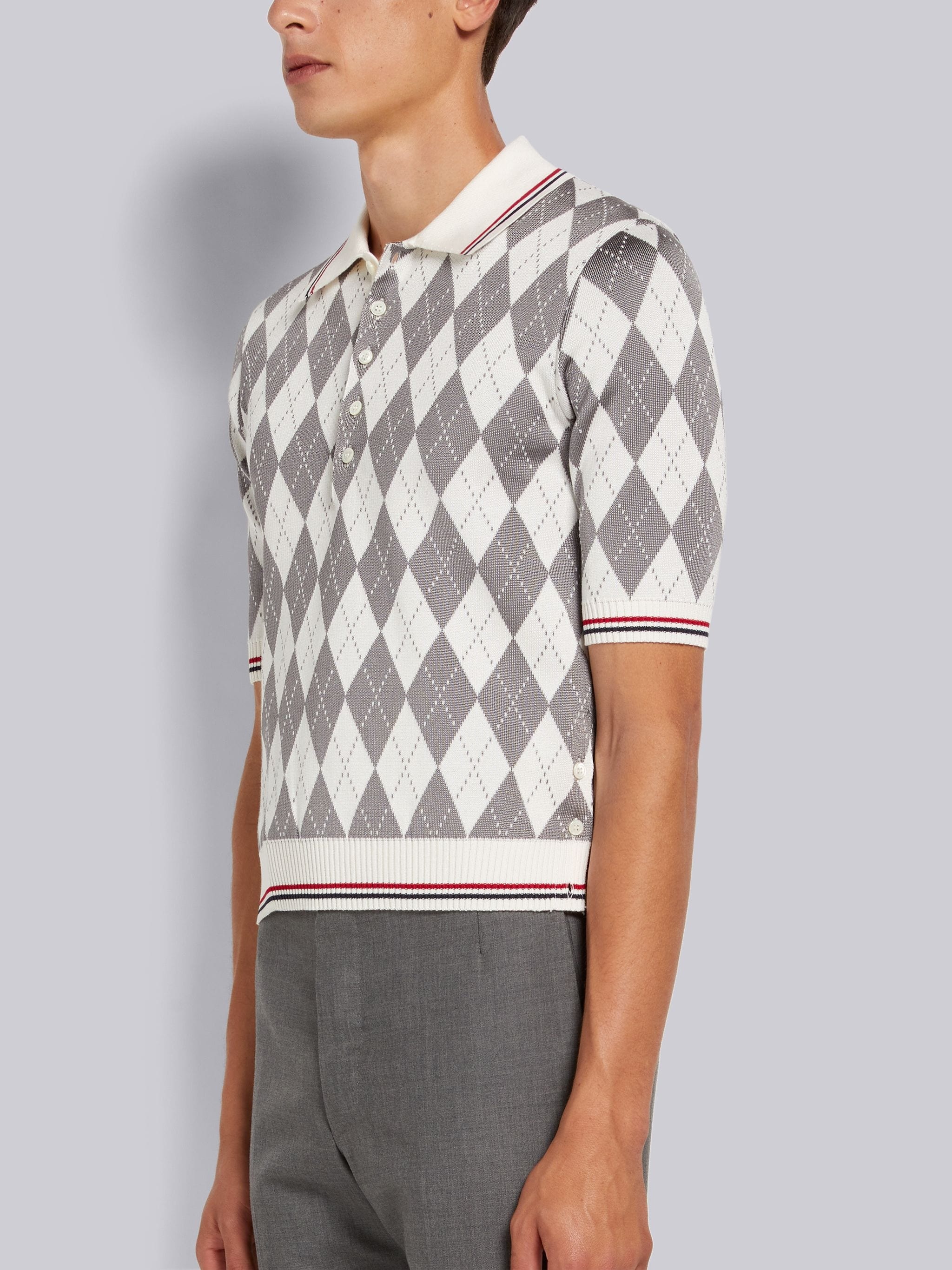 Light Grey Argyle Cotton Silk Stripe Tipping Polo - 2