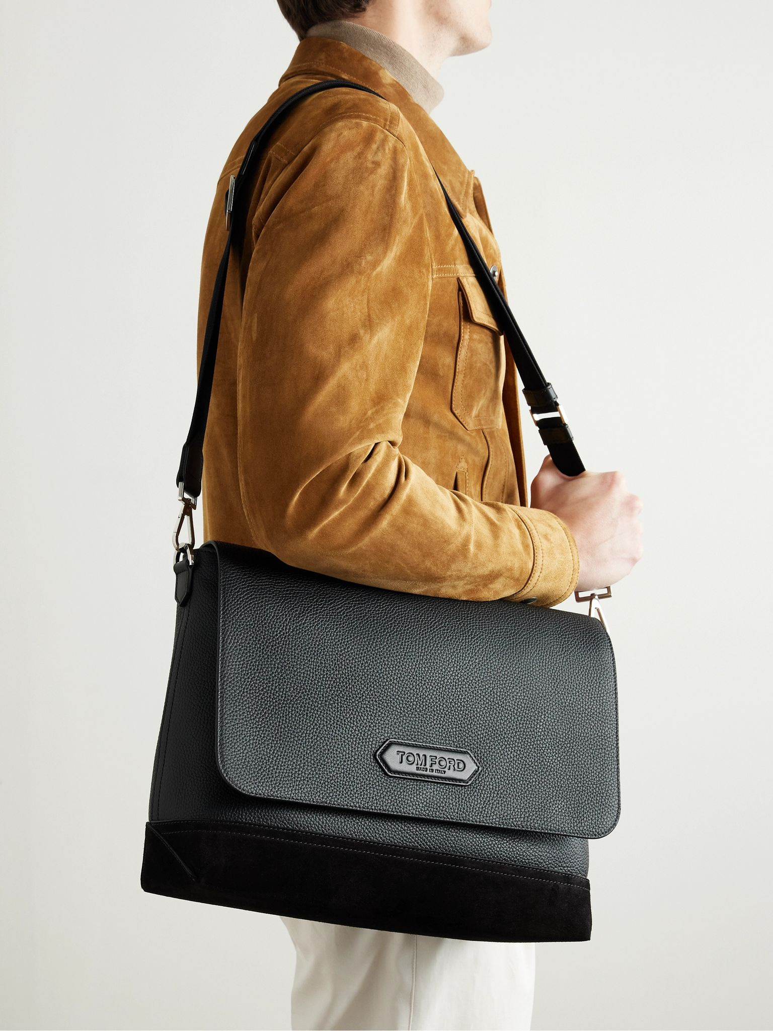 Suede-Trimmed Full-Grain Leather Messenger Bag Black - 2