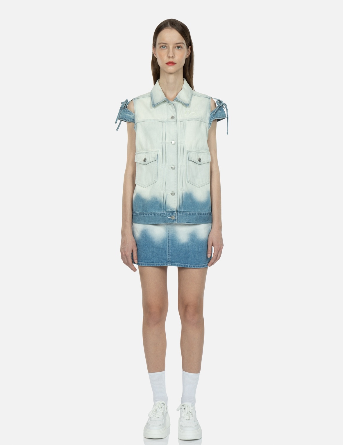LOGO EMBROIDERY BLEACHED DENIM WAISTCOAT - 5