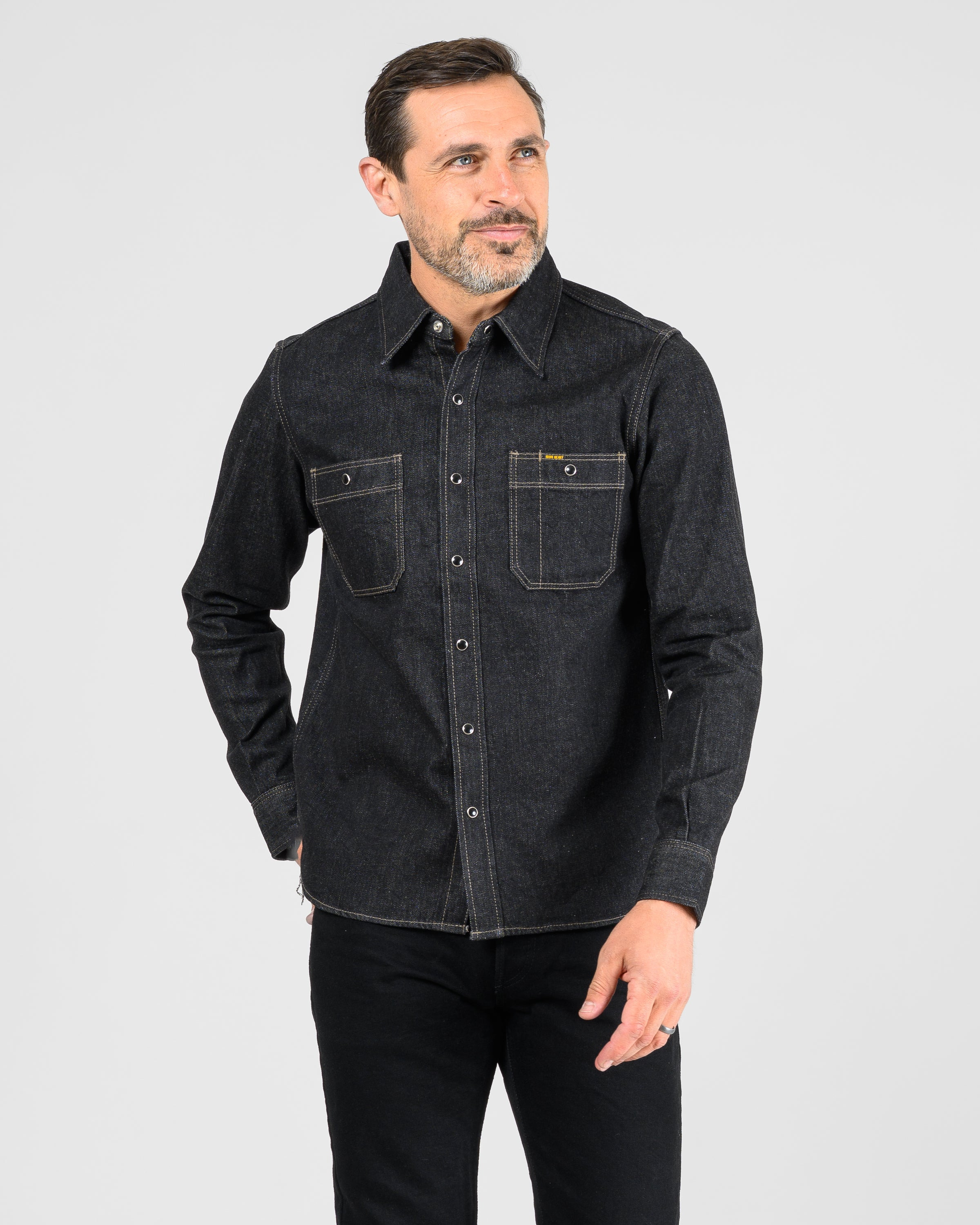 IHSH-326-BLK 12oz Selvedge Denim Work Shirt With Snaps - Black/Cream - 2