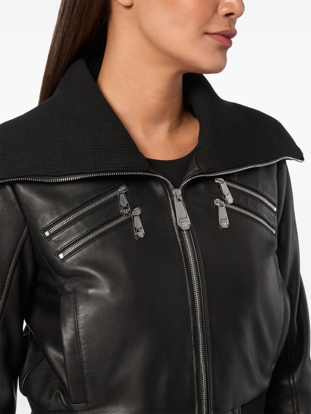 knitted-collar zipped leather jacket - 3