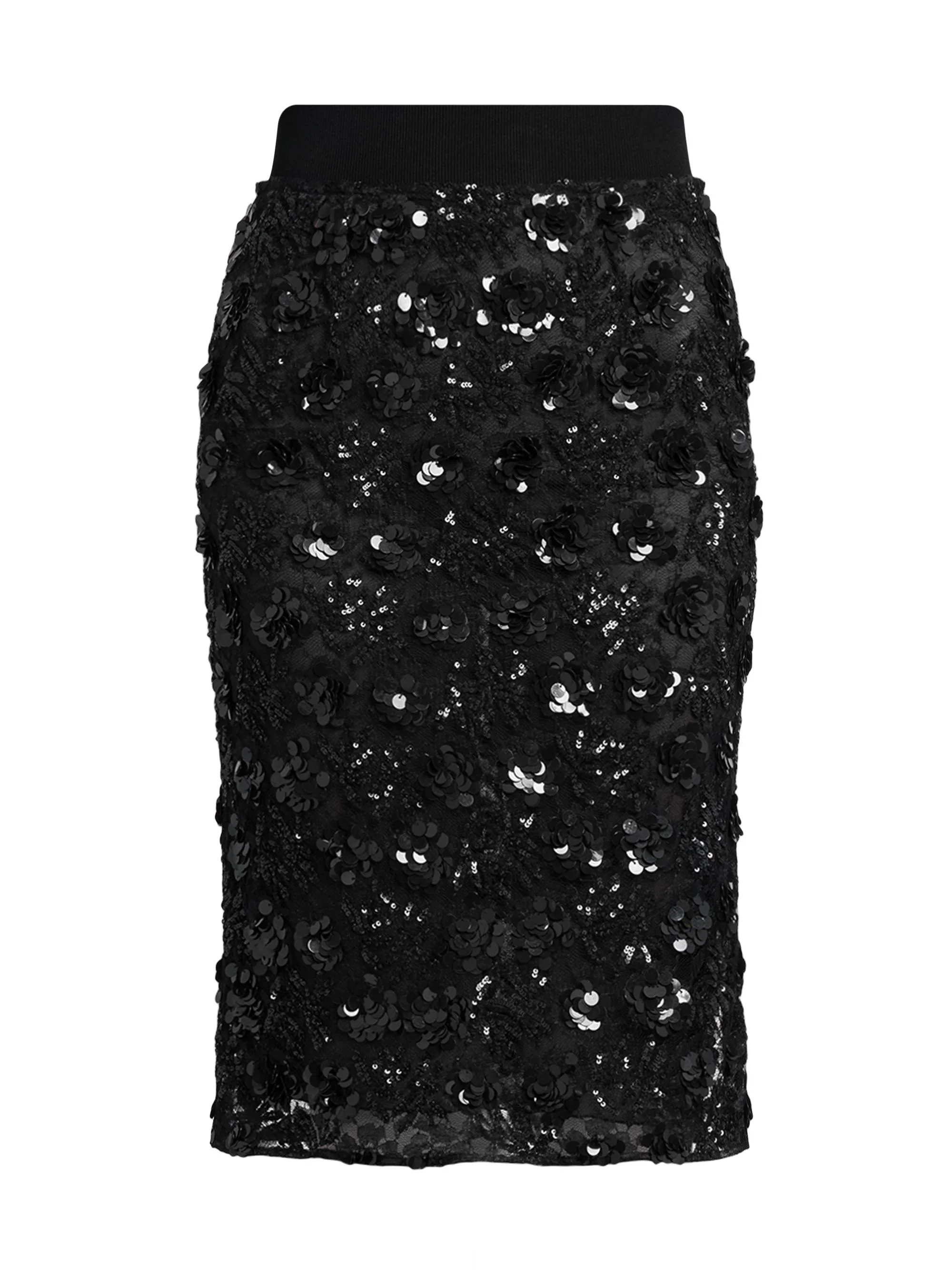 Women's Floral Paillette Midi-Skirt - Nero - 1