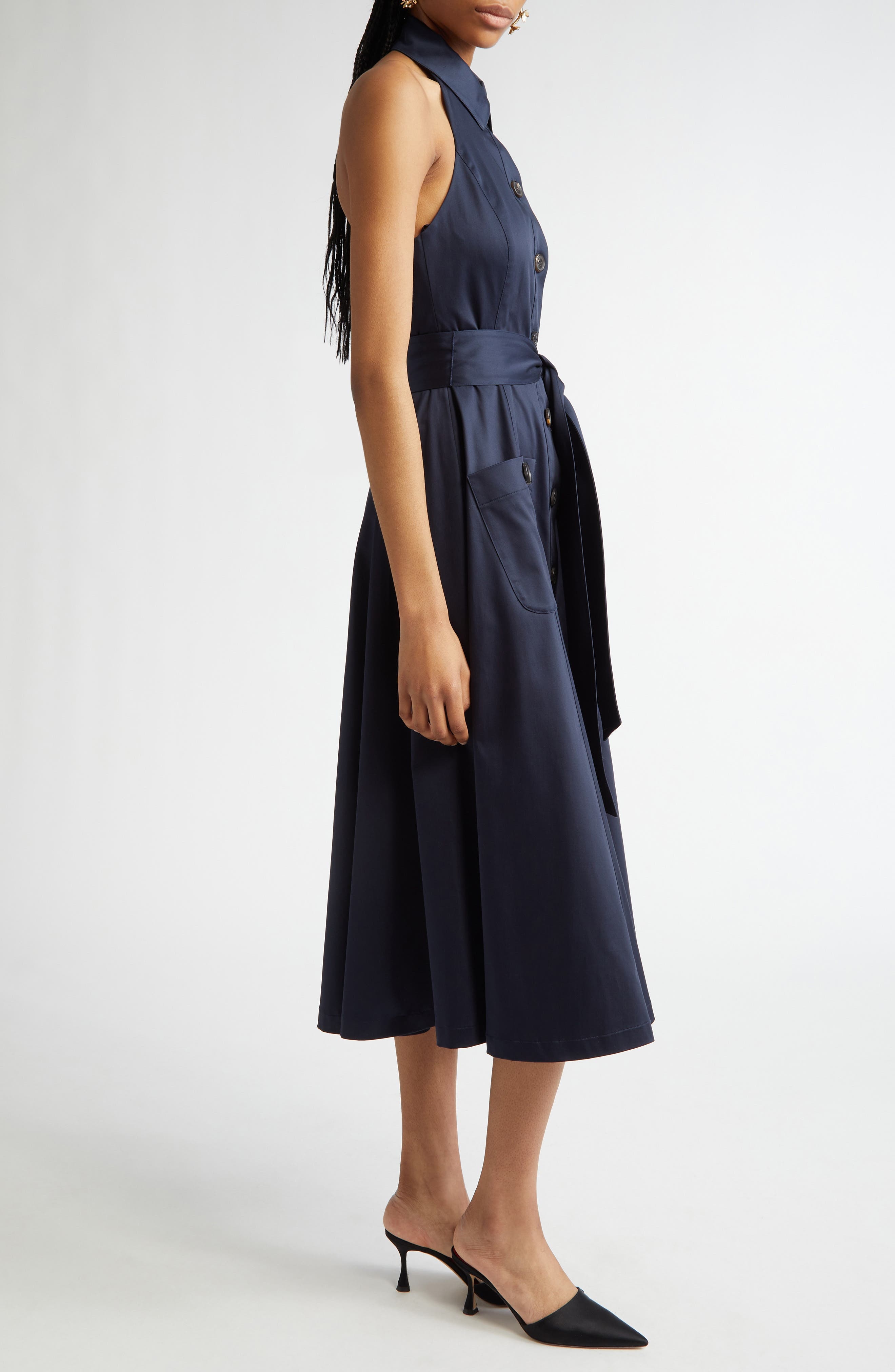 Carolina Herrera Halter Neck Belted Stretch Cotton Sateen Shirtdress in Midnight at Nordstrom - 3