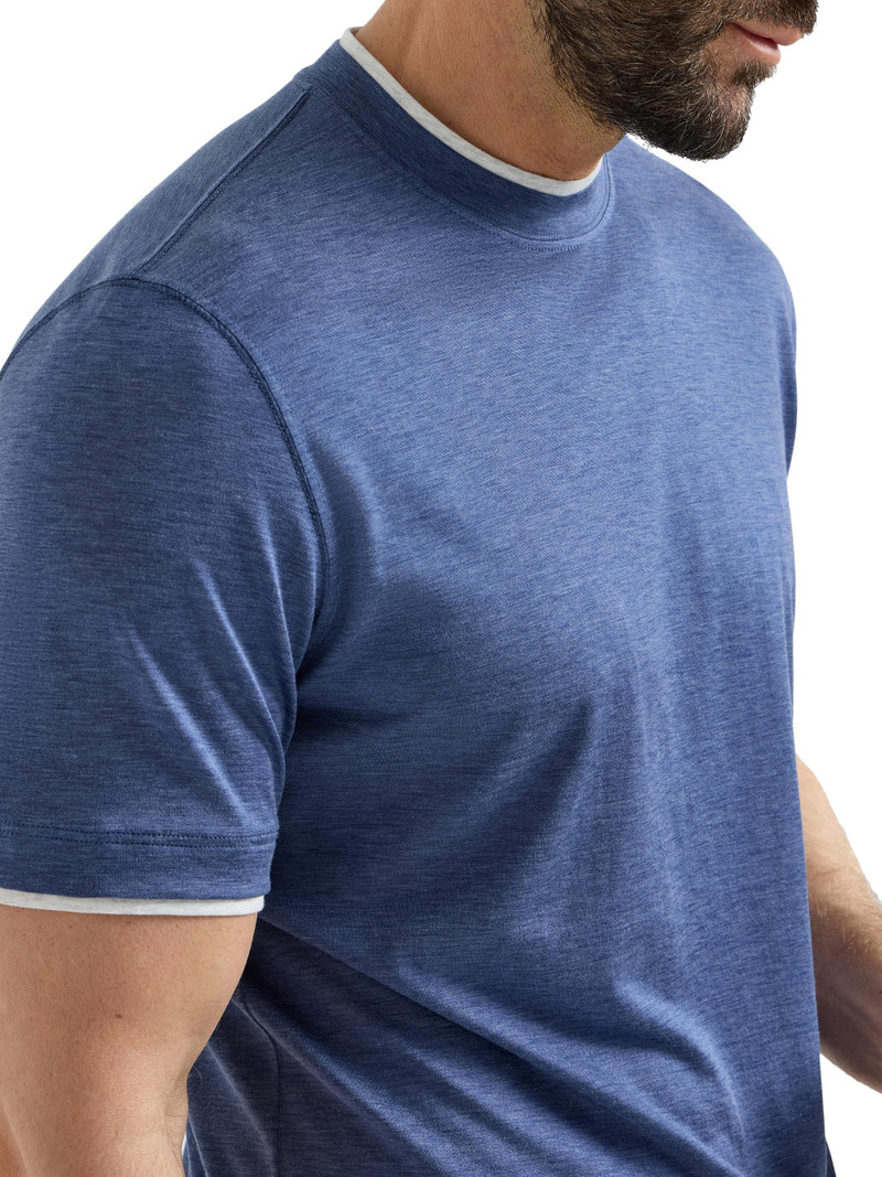 Men's Silk and Cotton Jersey Crew-Neck T-Shirt with Faux Layering - Denim 3