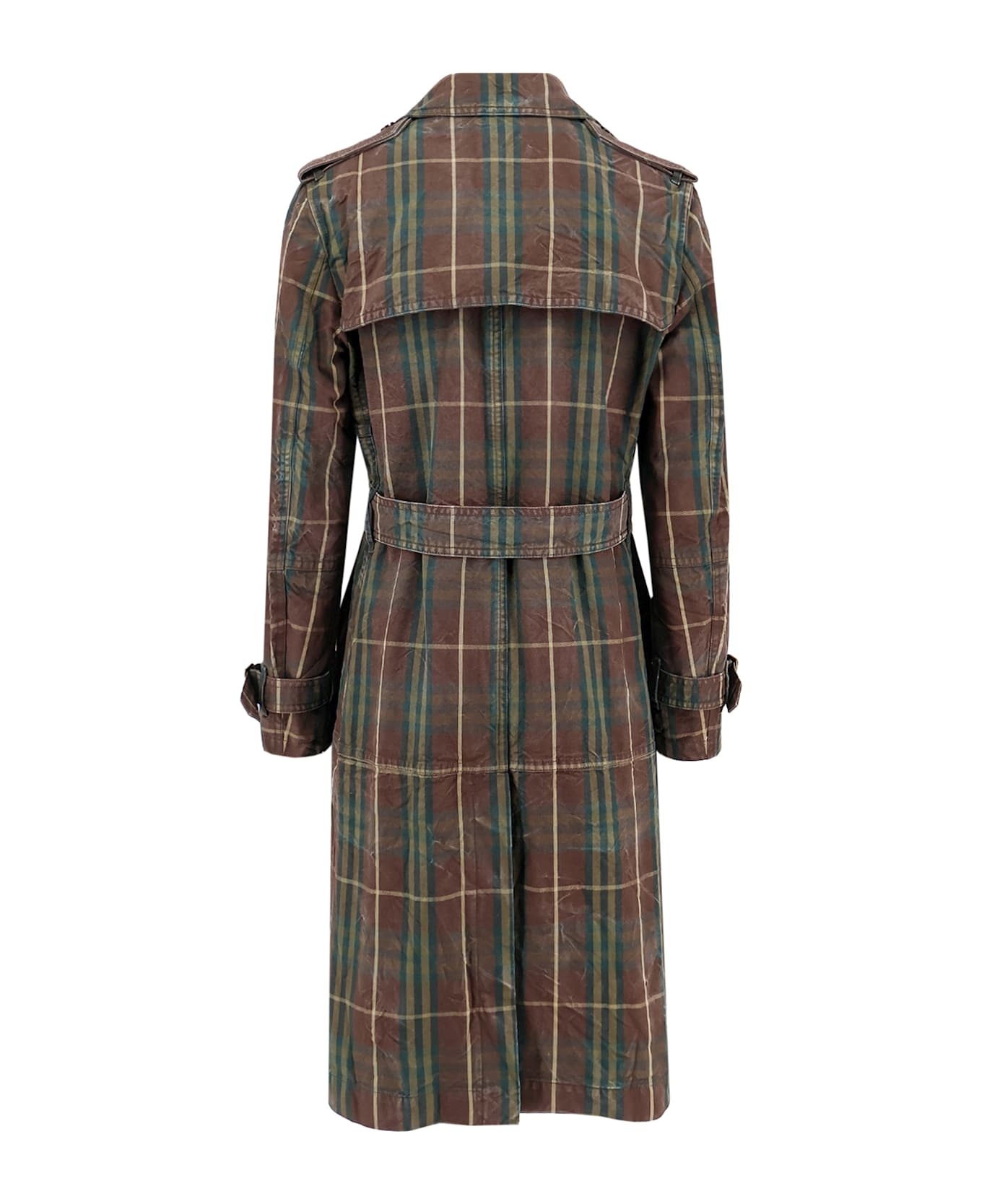 'check' Dark Green Cotton Trench Coat - 2