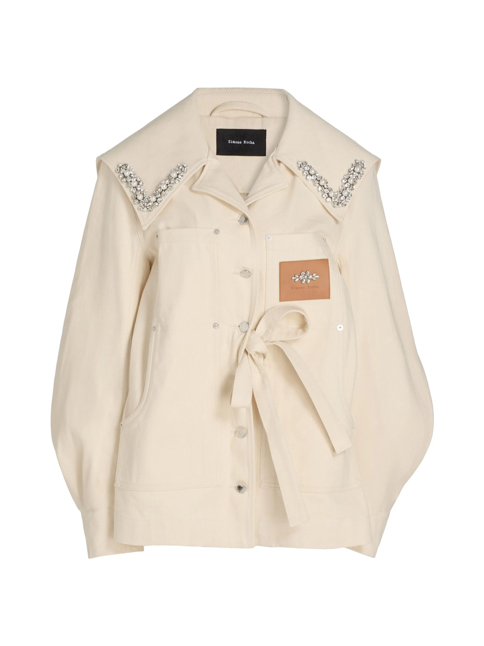 Women's Embellished Sailor Collar Bow Cotton Jacket - Ecru Pearl Clear - 1