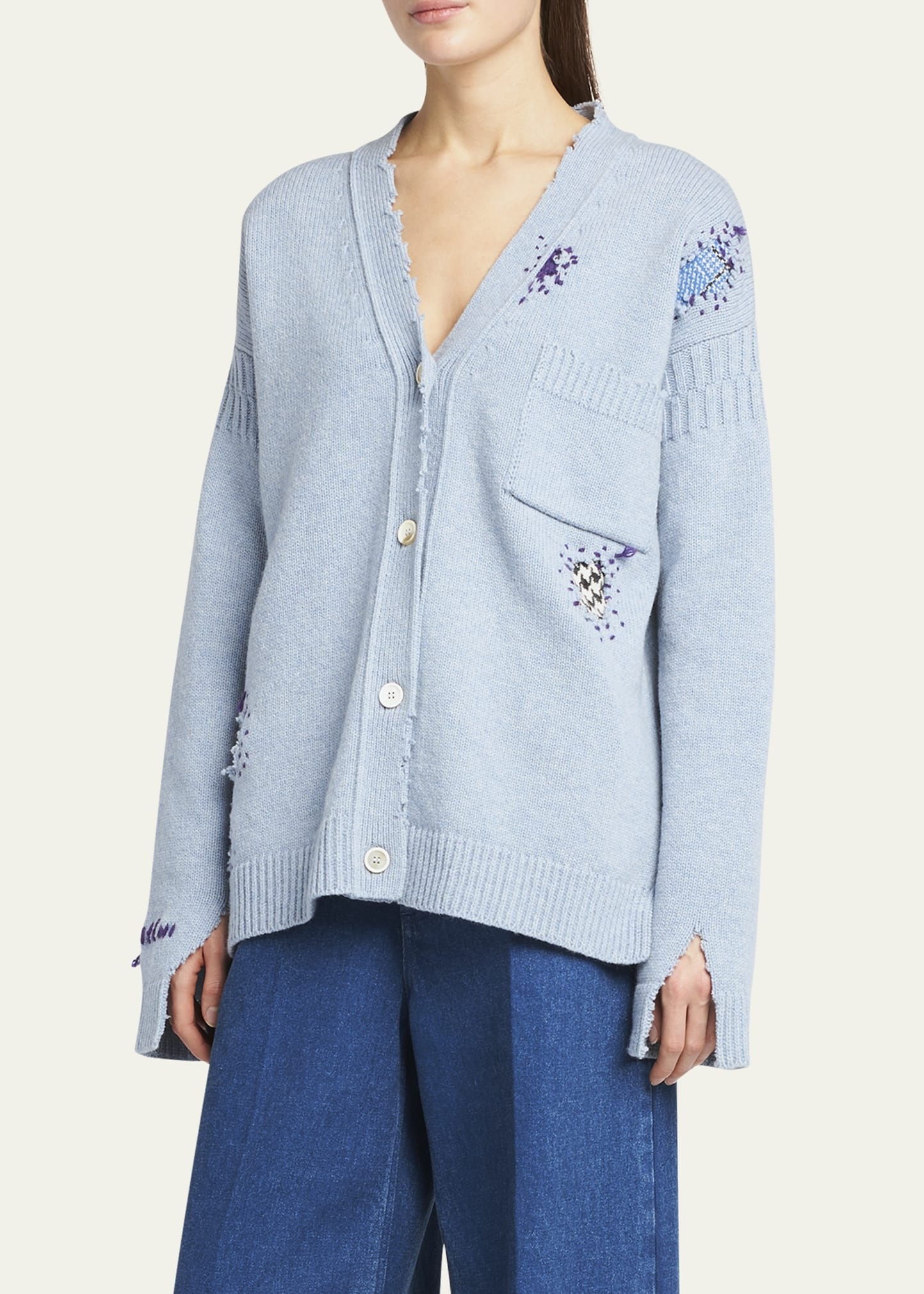 V-Neck Stitched Patches Cardigan - 4