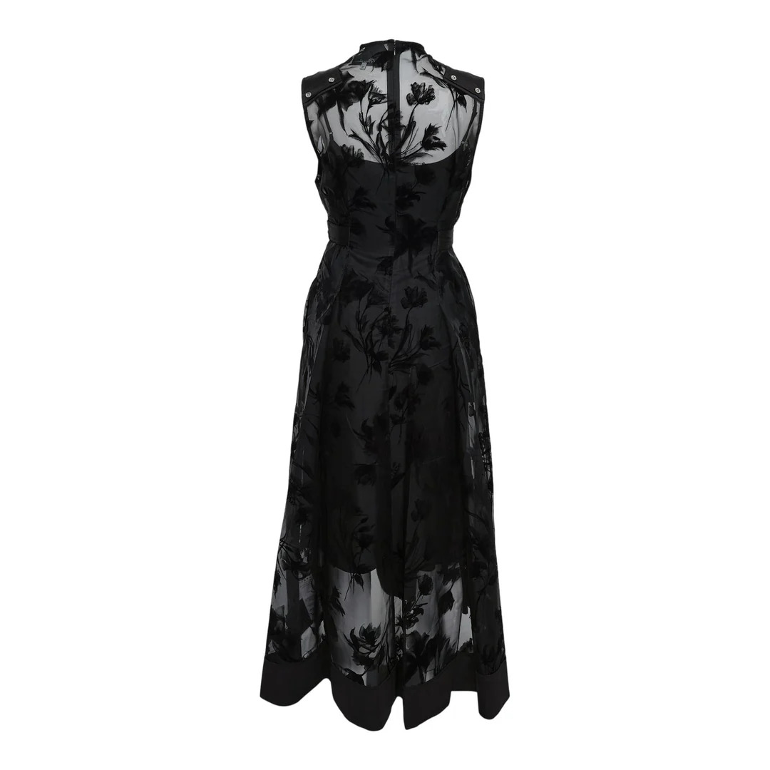 Flocked Organza Sleeveless Midi Dress - 2