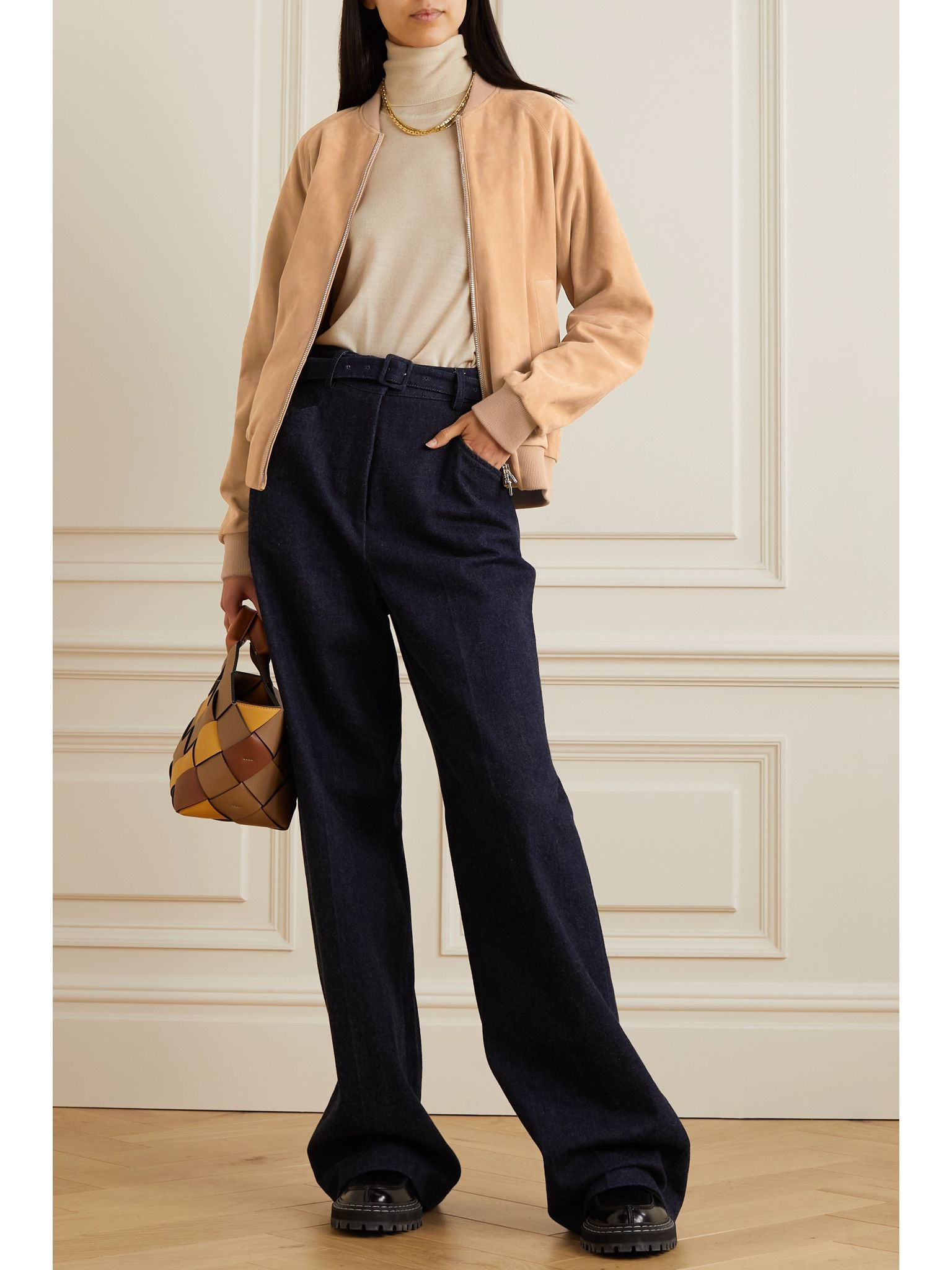 Ribbed cashmere-trimmed suede bomber jacket Beige - 2