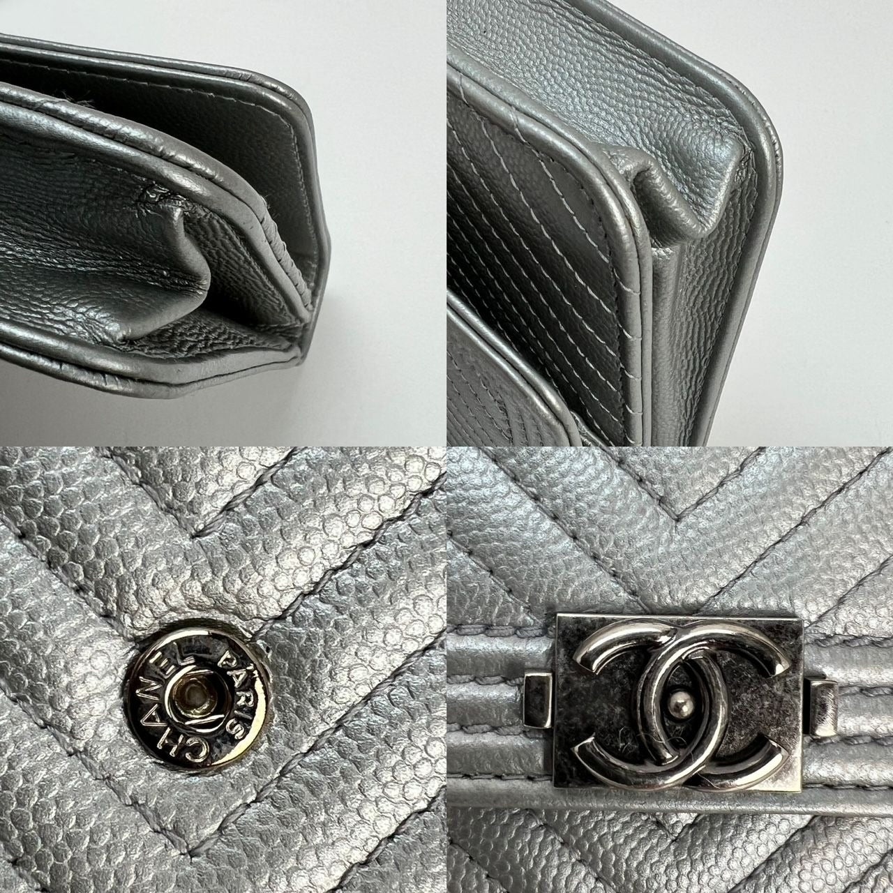 Chanel Silver Caviar Chevron Quilted Boy Wallet on a Chain - 20