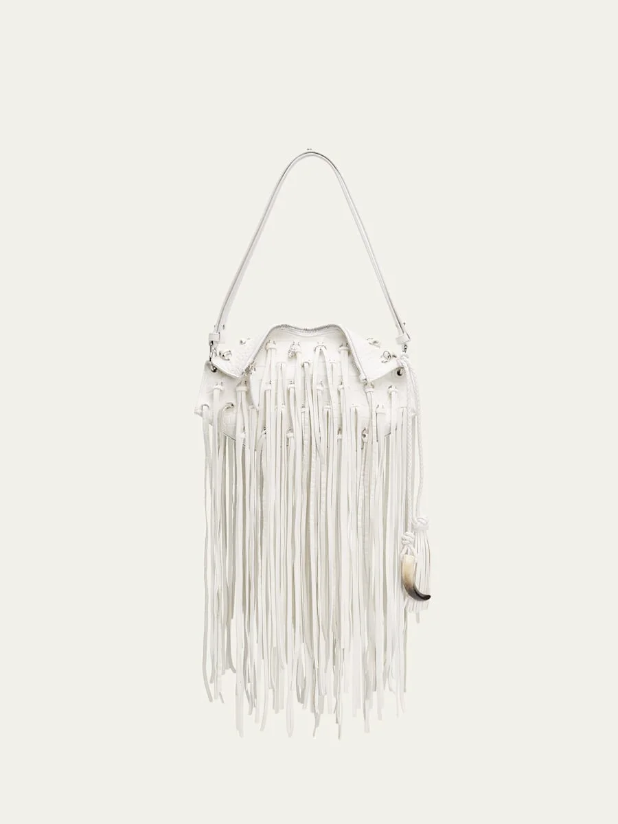 Fringed Croc-Embossed Leather Shoulder Bag - 1