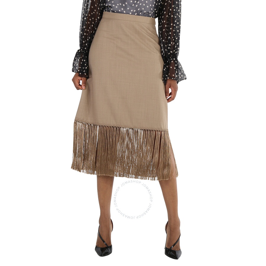 Burberry Ladies Pecan Melange High-waist Fring-hem Wool And Cashmere Skirt - 3