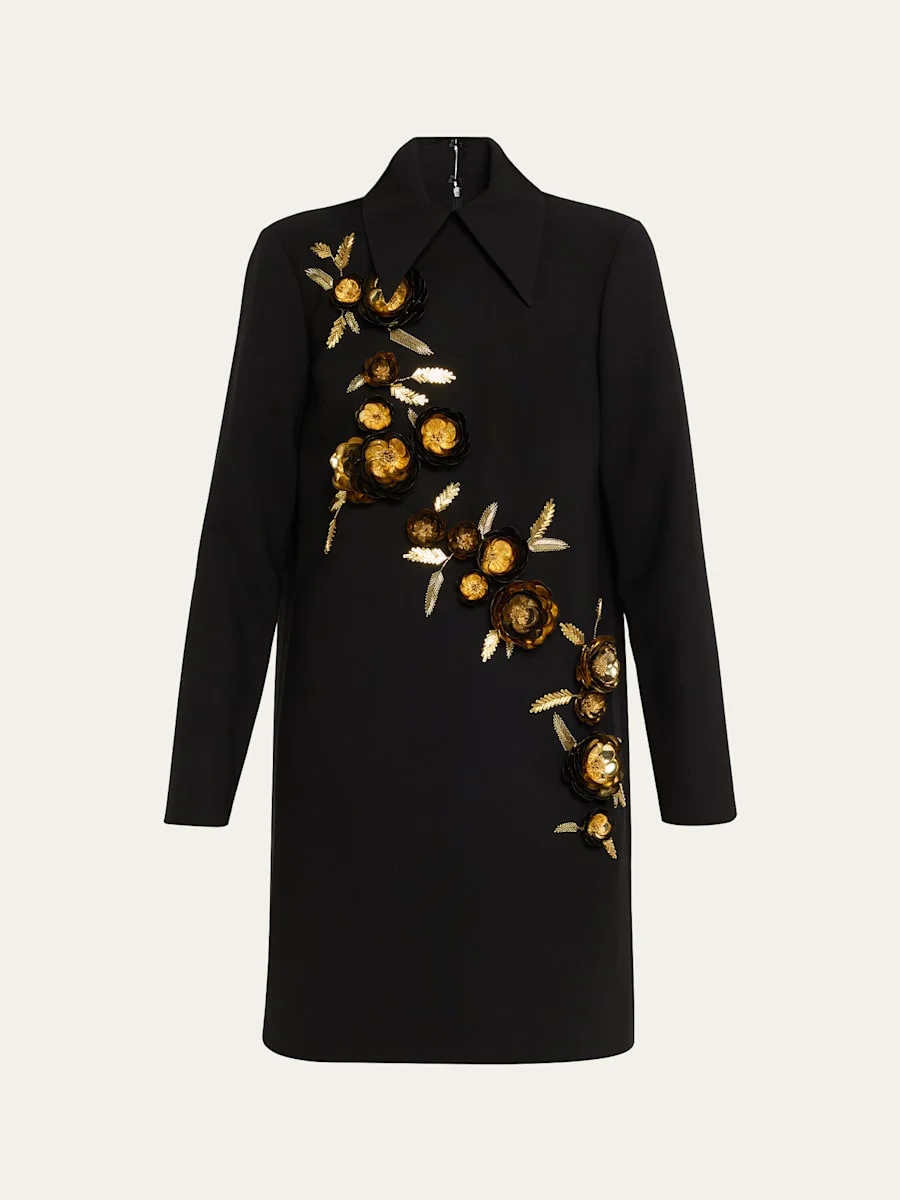 Floral Embellished Wool Shift Dress - 1