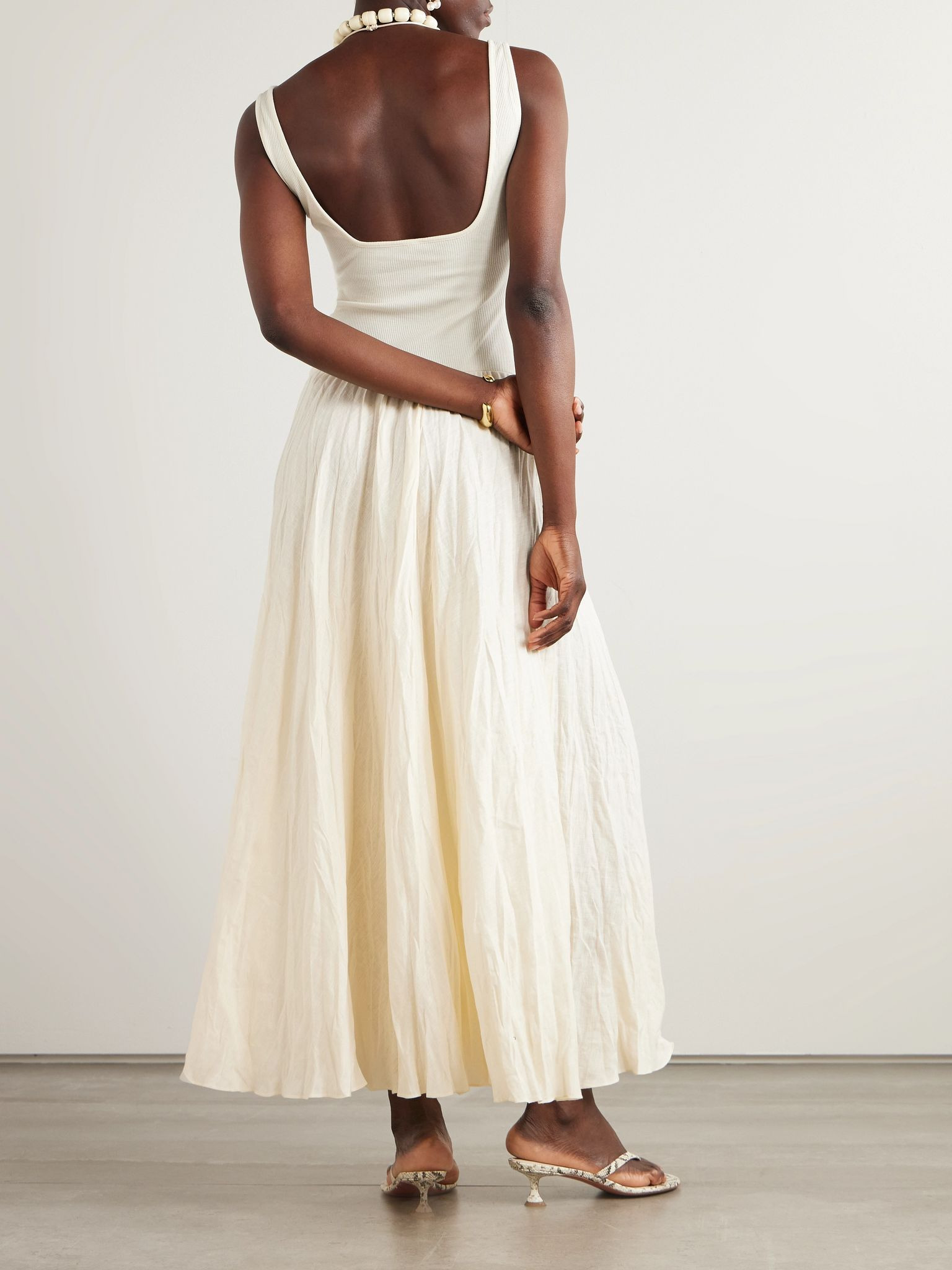 Mariner ribbed knit-trimmed organic linen-blend poplin maxi dress Ecru - 3
