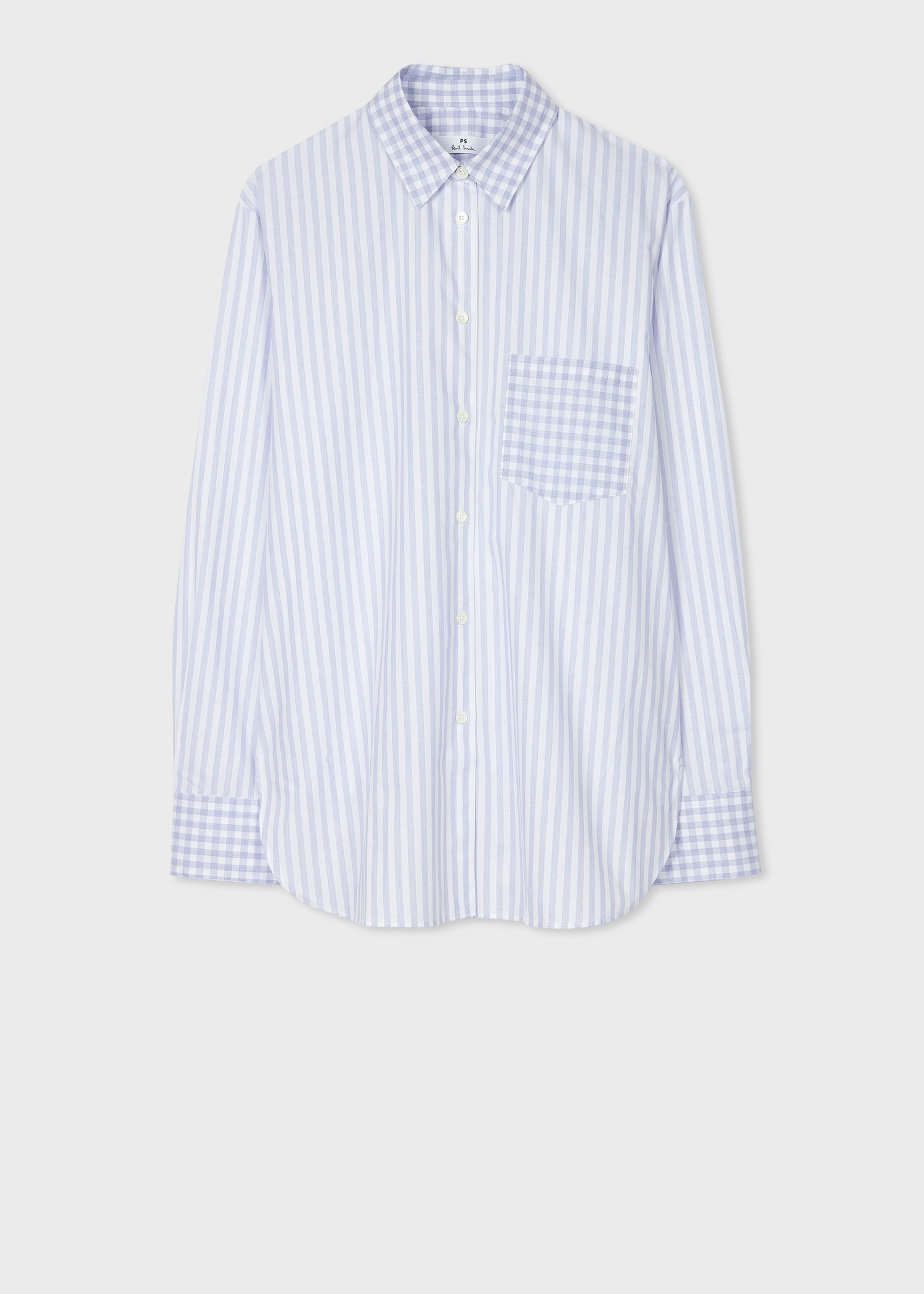 Women's White And Blue Stripe Shirt With Check Trims - 1