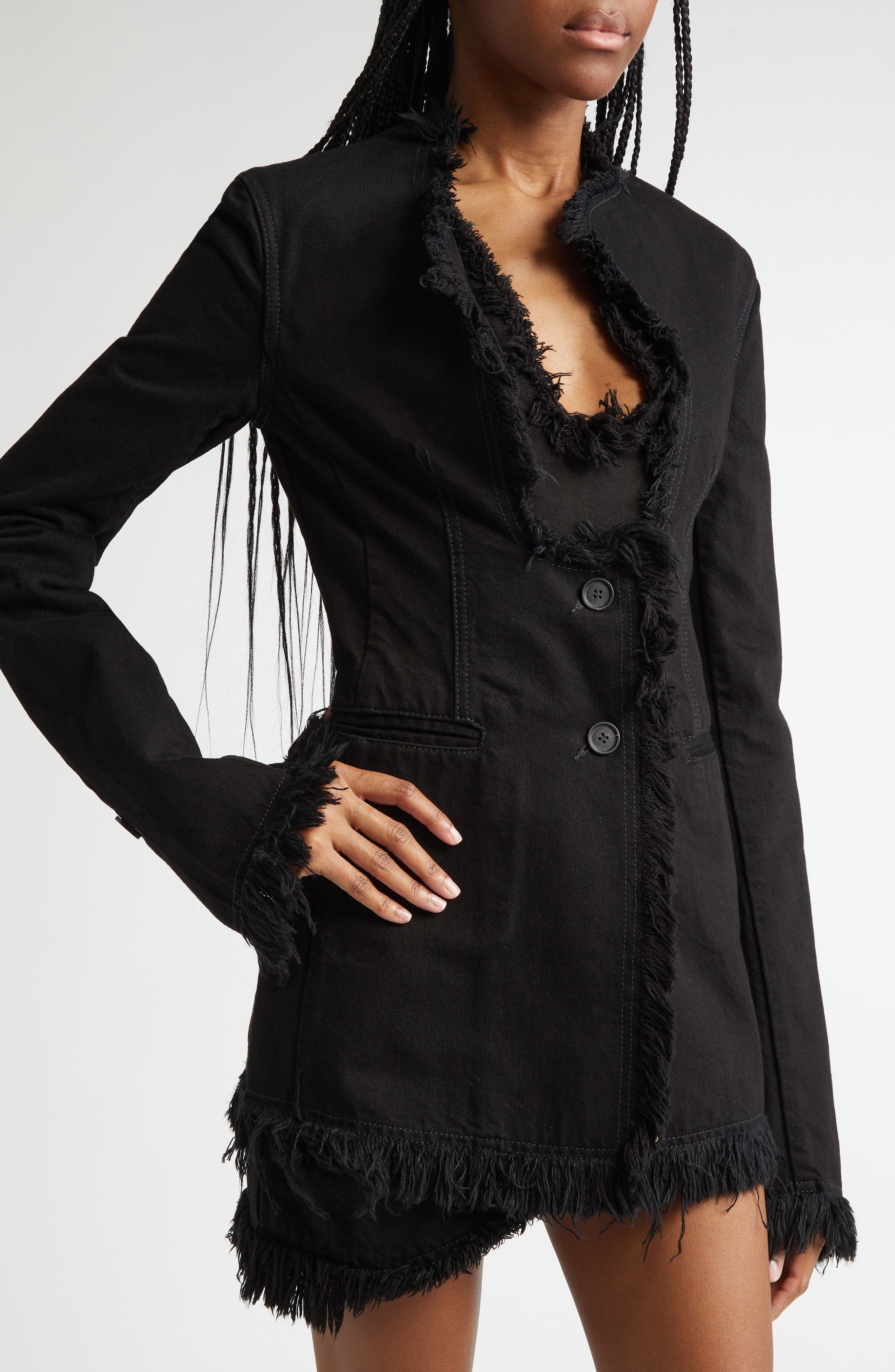 FERRAGAMO Asymmetric Raw Edge Denim Blazer in Nero at Nordstrom - 4