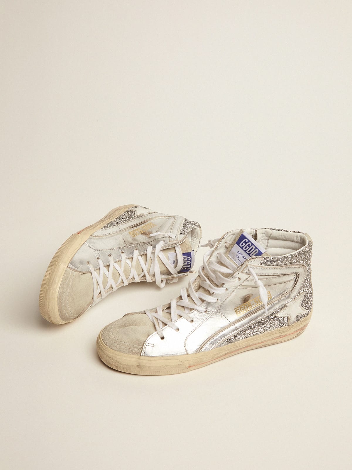 GOLDEN GOOSE Slide embellished distressed glittered leather and suede high-top  sneakers