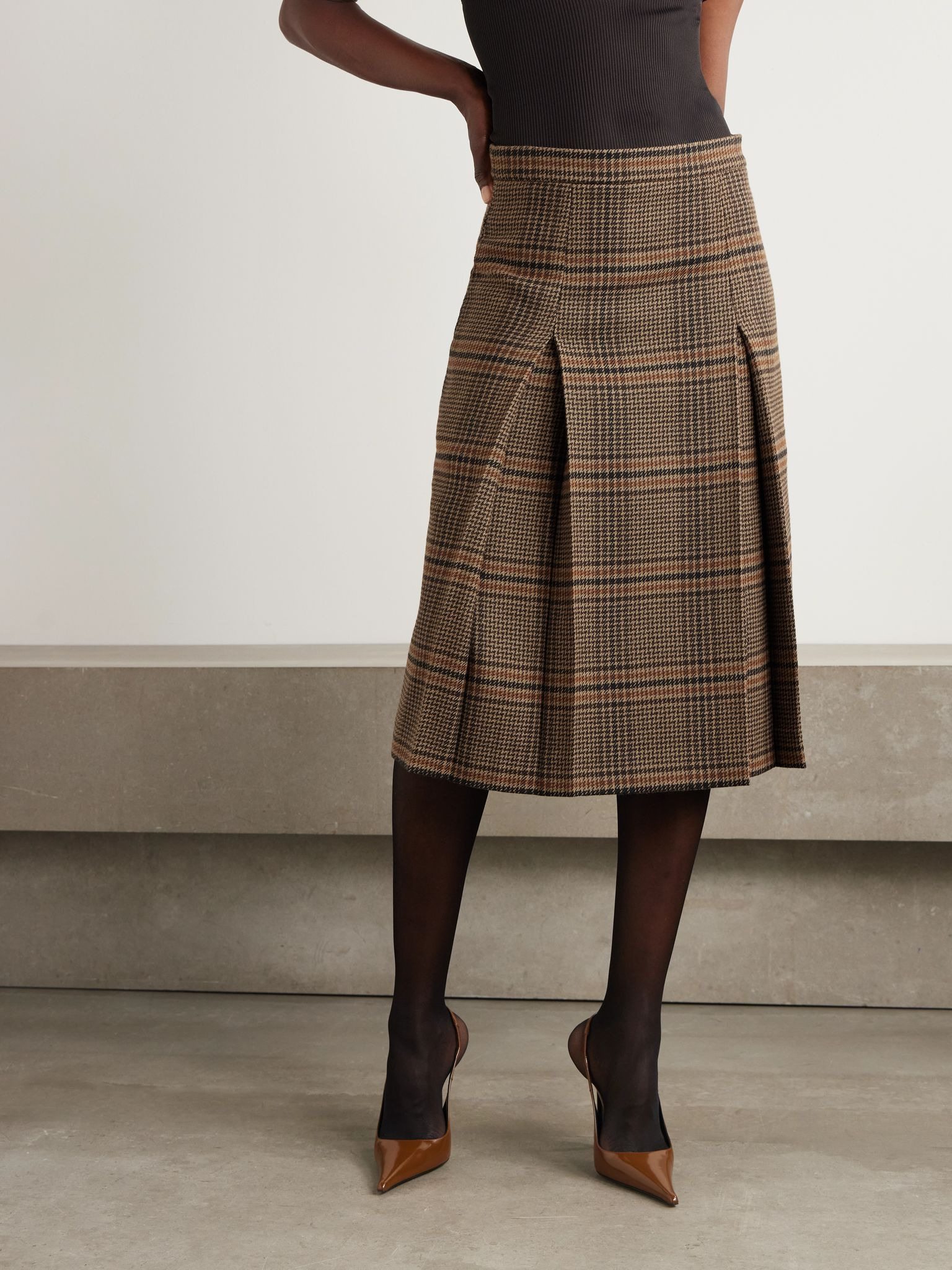 Prince of Wales checked wool midi skirt Brown - 3