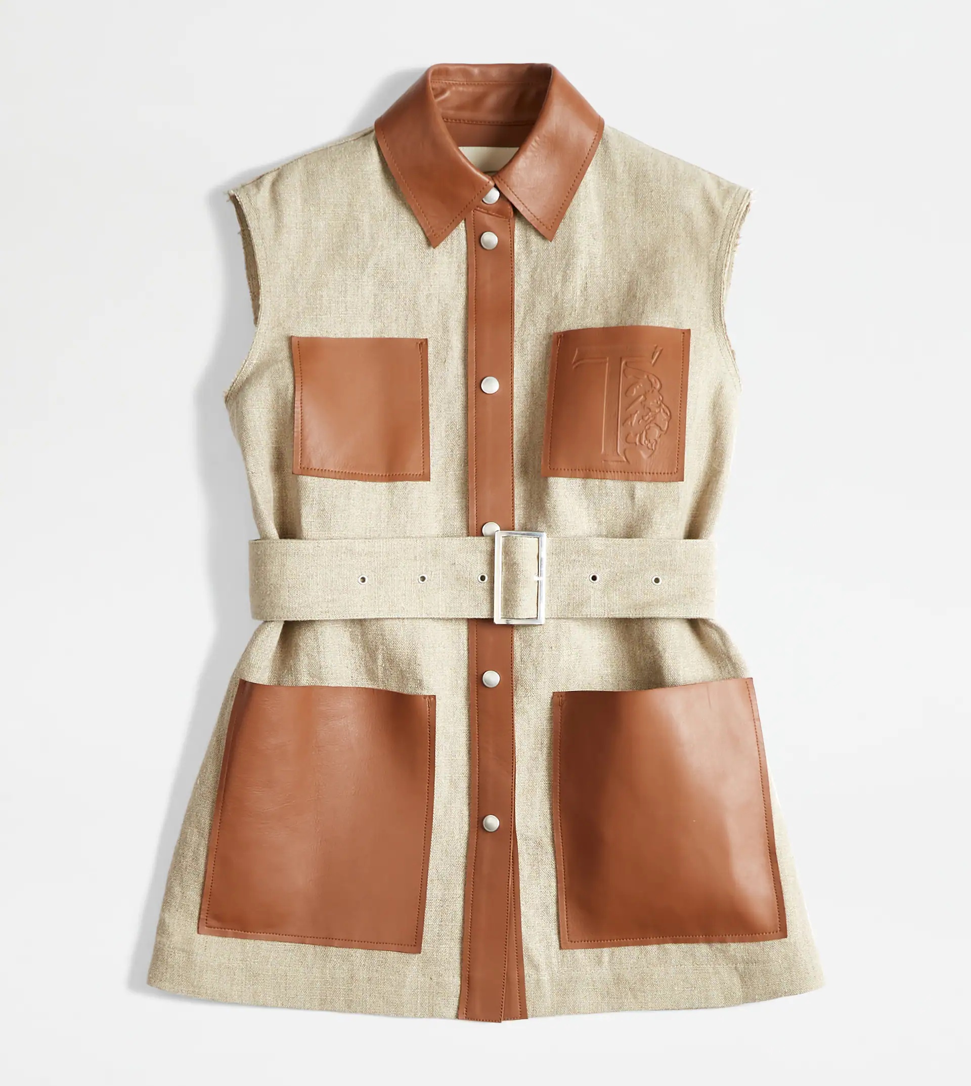 GILET IN LINEN AND LEATHER - BEIGE - 1