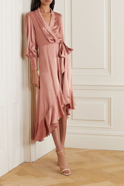 Zimmermann Asymmetric ruffled silk-satin wrap midi dress outlook