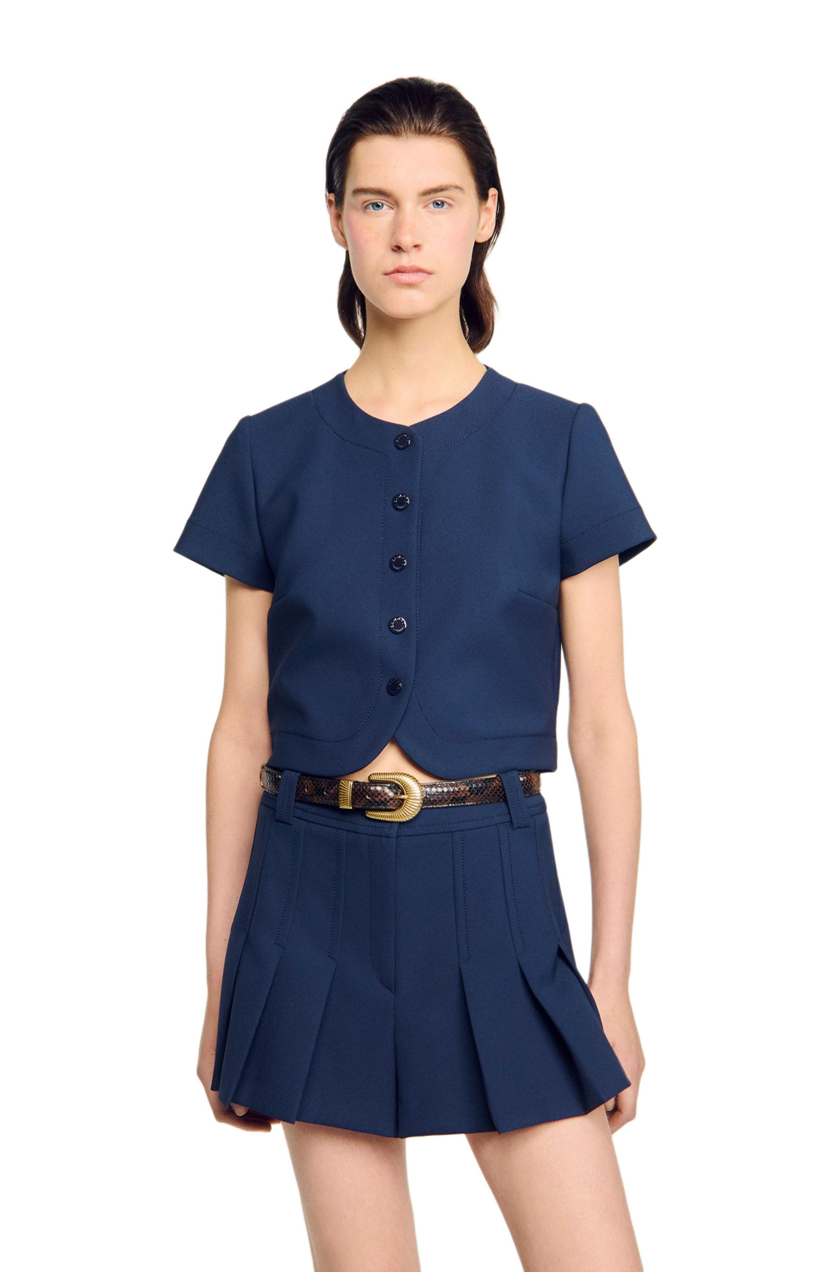 SANDRO Rounded hem buttoned crop top in Navy Blue at Nordstrom - 3