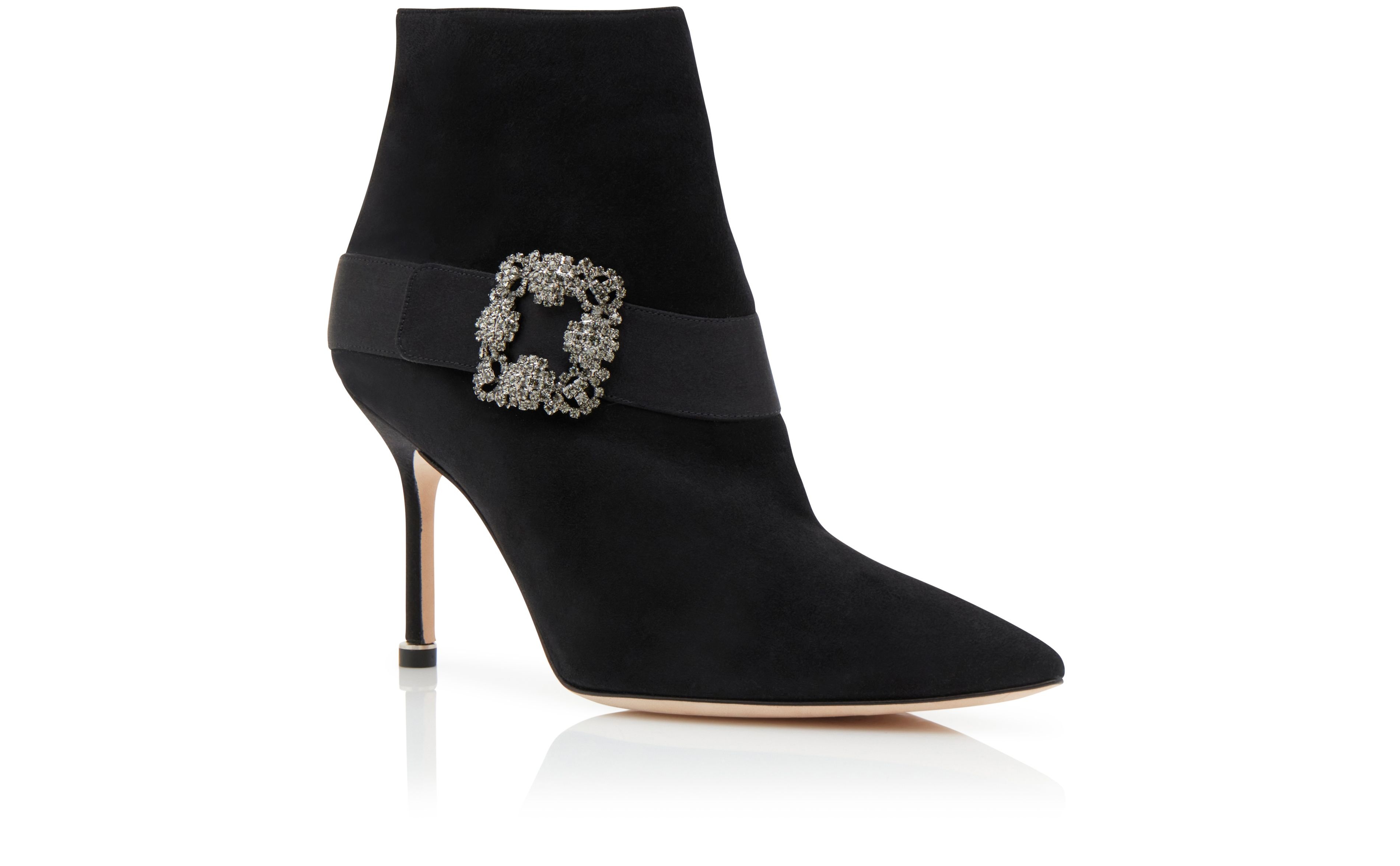 Black Suede Jewel Buckle Ankle Boots - 3