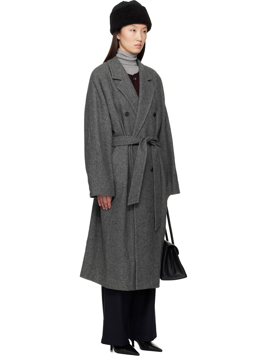 Gray Double-Breasted Belted Coat - 2