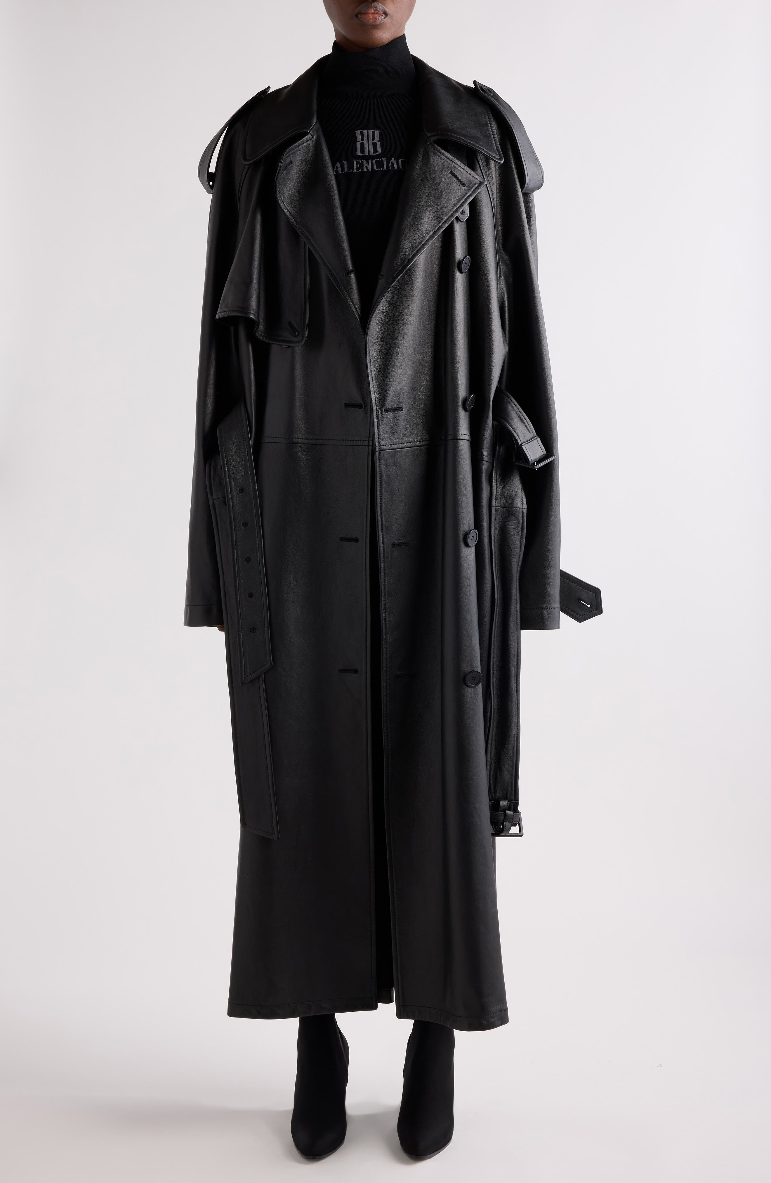 Balenciaga Double Belted Leather Trench Coat in 1000 Black at Nordstrom - 1