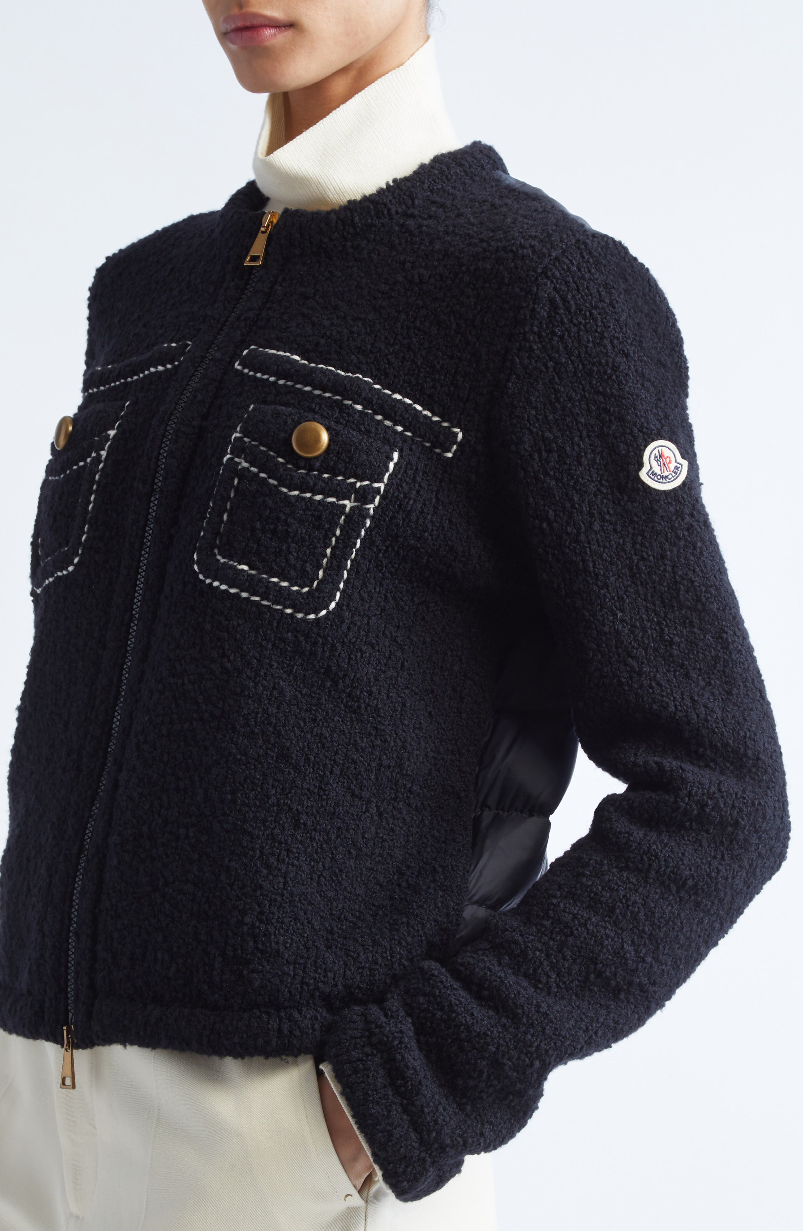 Moncler Trompe l'Oeil Bouclé Knit & Down Cardigan in Navy Blue at Nordstrom - 4