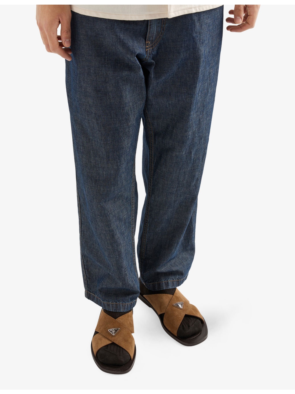 Triangle-Logo Relaxed Chambray Cotton-Linen Trousers - 3