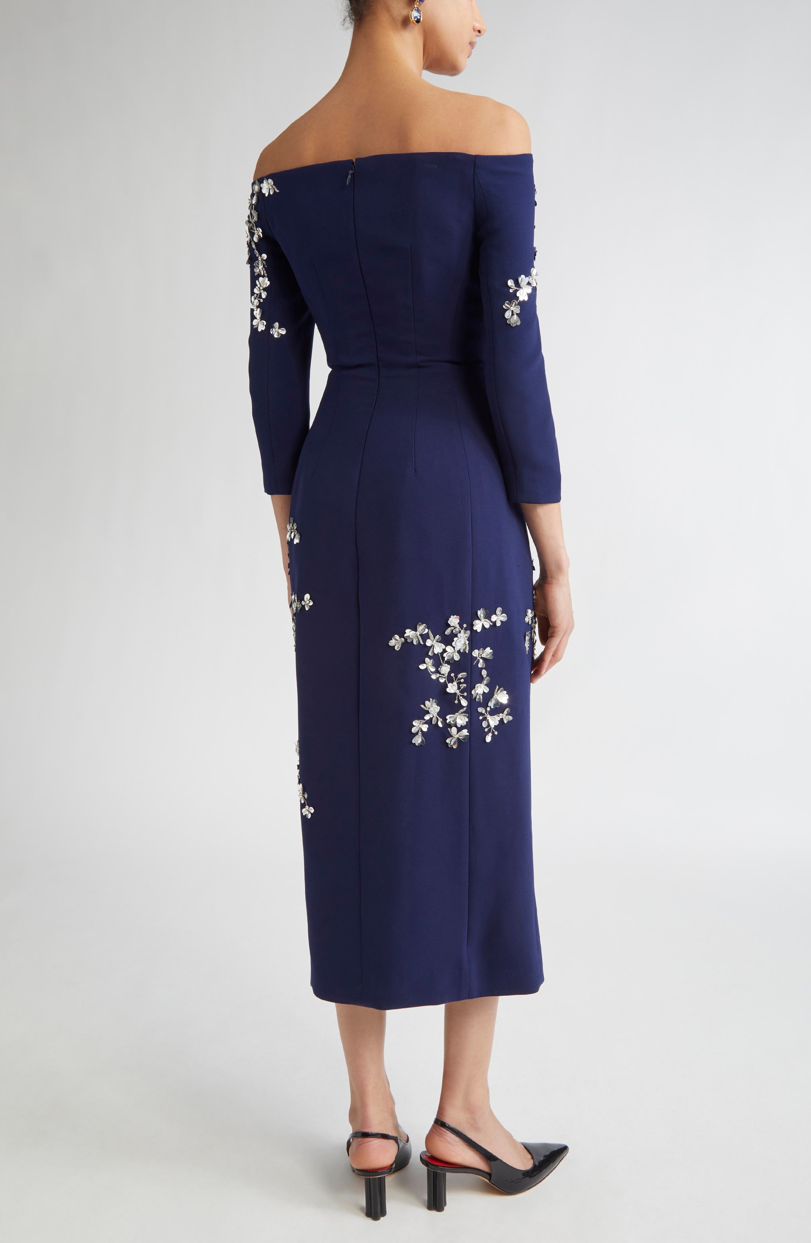 Carolina Herrera Floral Appliqué Off the Shoulder Stretch Crepe Midi Dress in Midnight at Nordstrom - 2